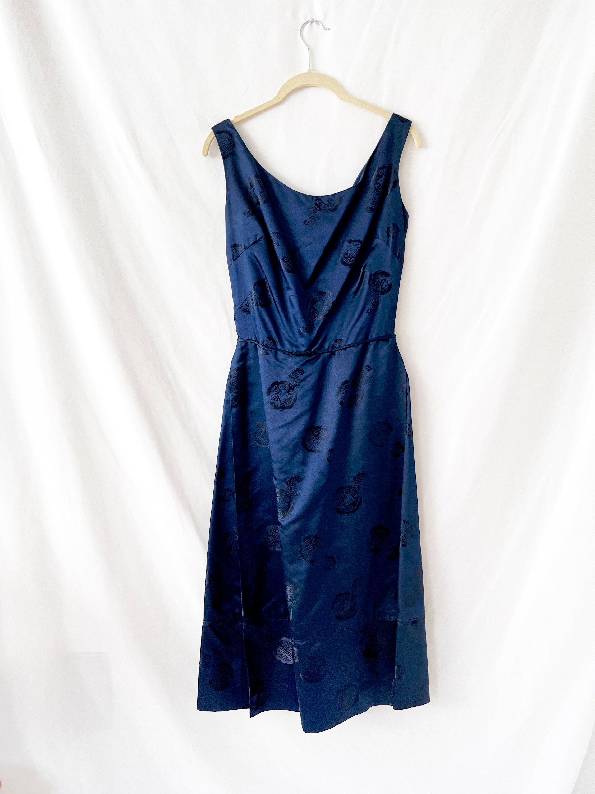 1950s / 1960s vintage dark blue chinese silk dress xs - small