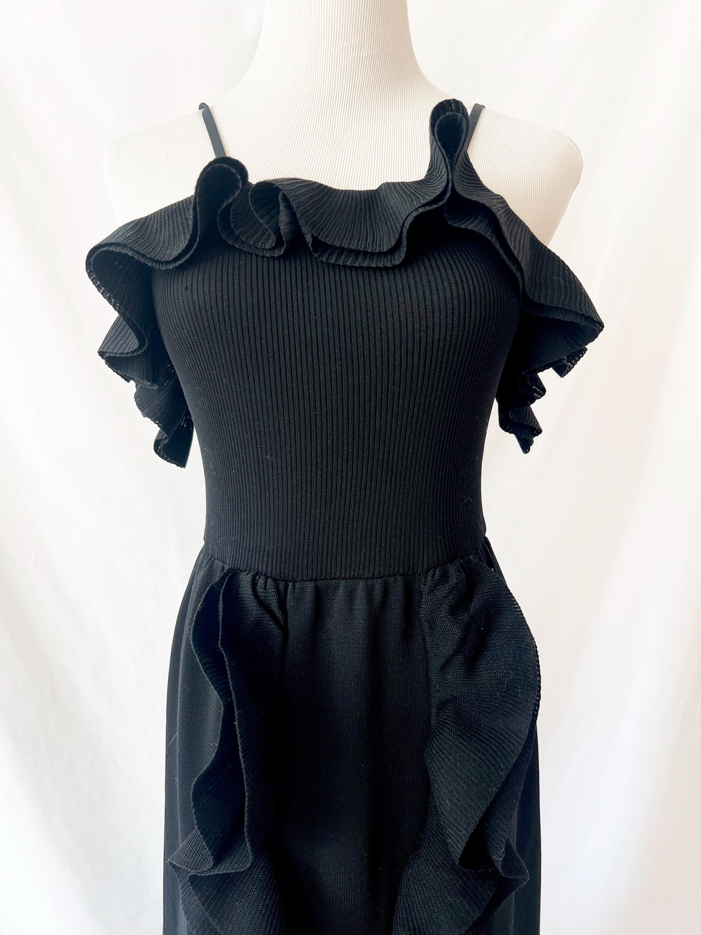 1970s long black dress / vintage 70s ruffle knit dress / floor length xsmall