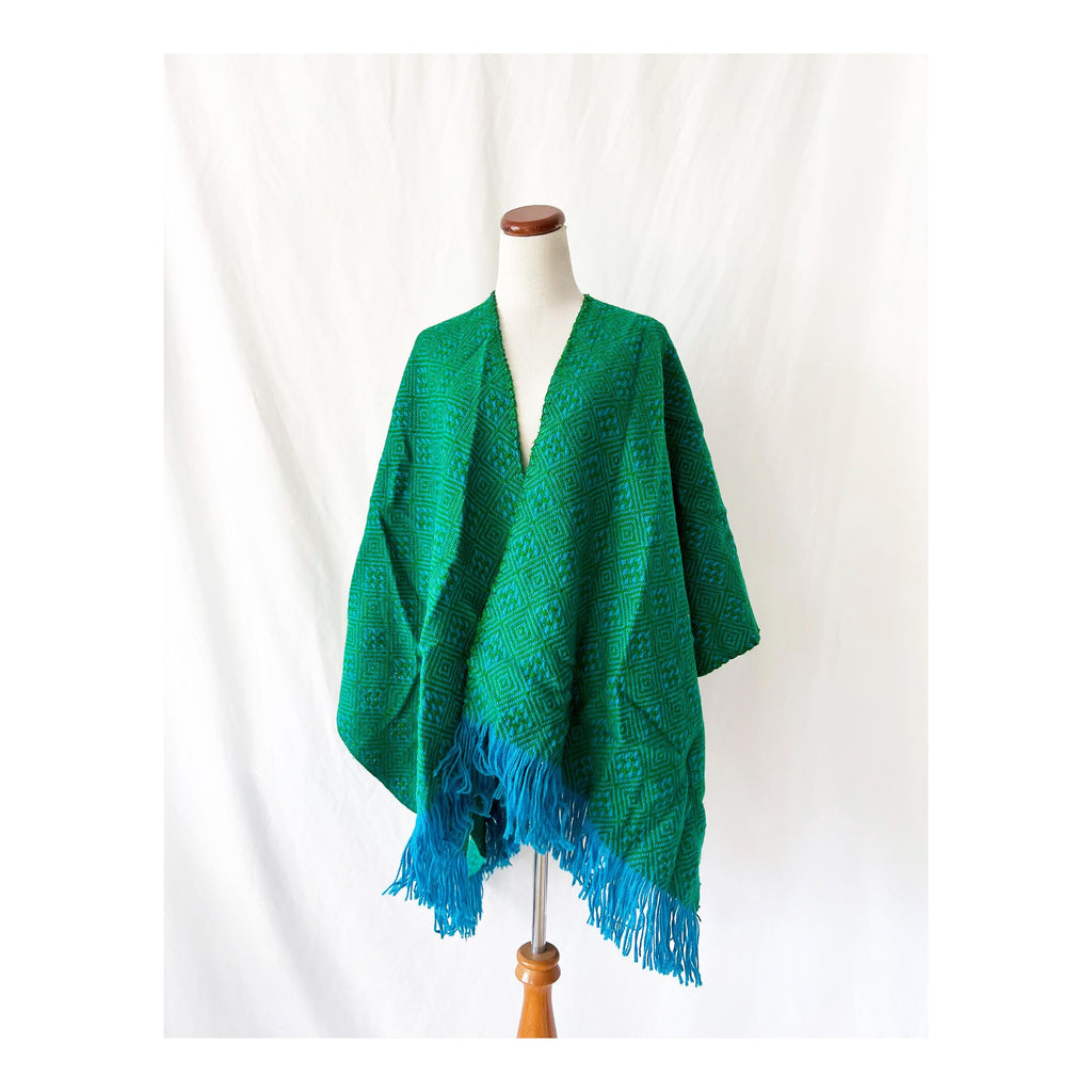 vintage poncho shawl south american woven blue and green abstract pattern
