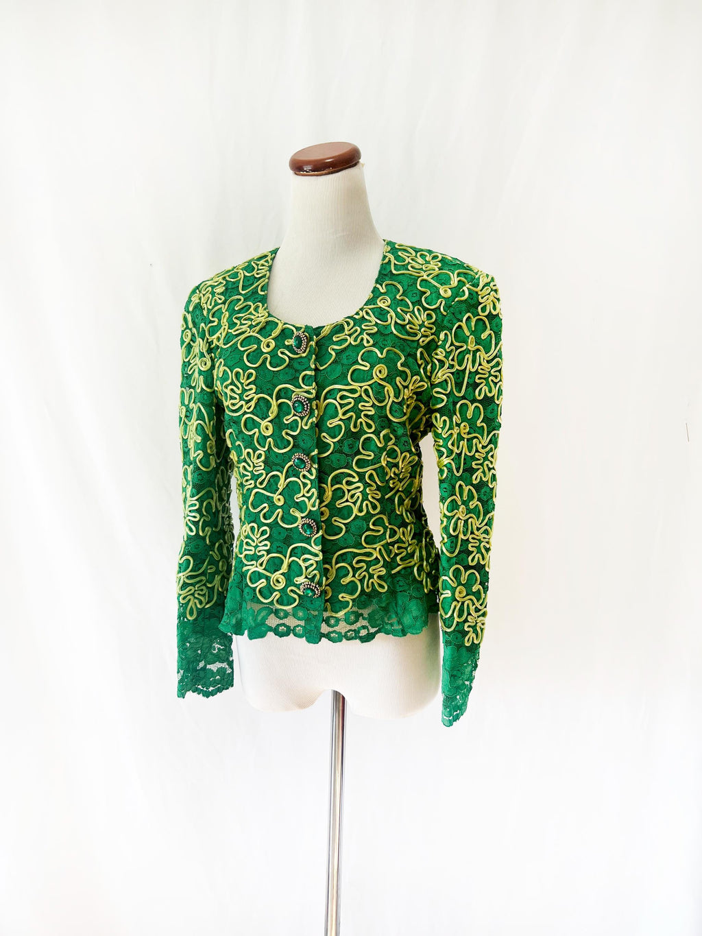 1970s Italian couture green and yellow lace jacket with rhinestone buttons small