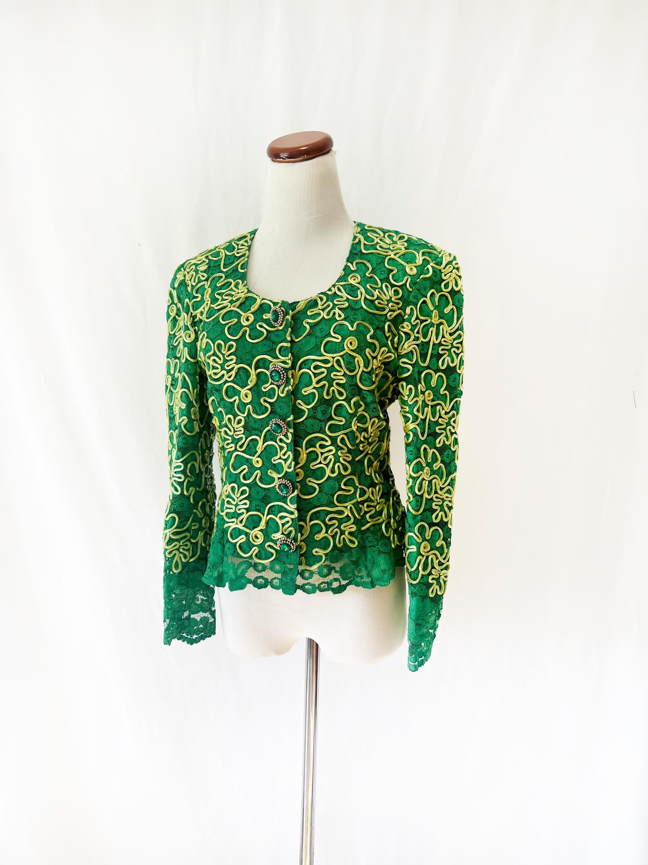 1970s Italian couture green and yellow lace jacket with rhinestone buttons small