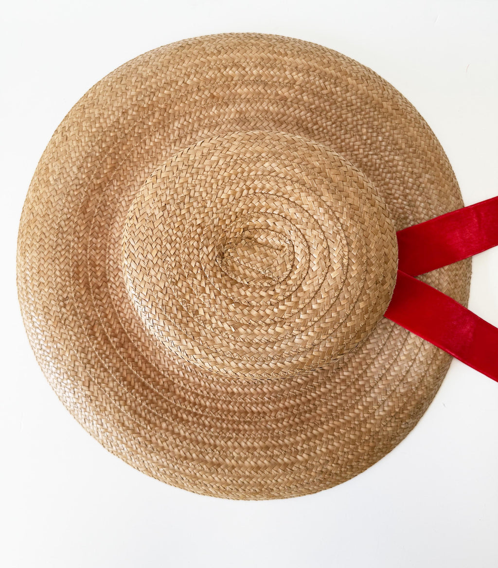 Vintage John Frederics Straw Boater Hat: Wide Brim, Red Velvet Ribbon