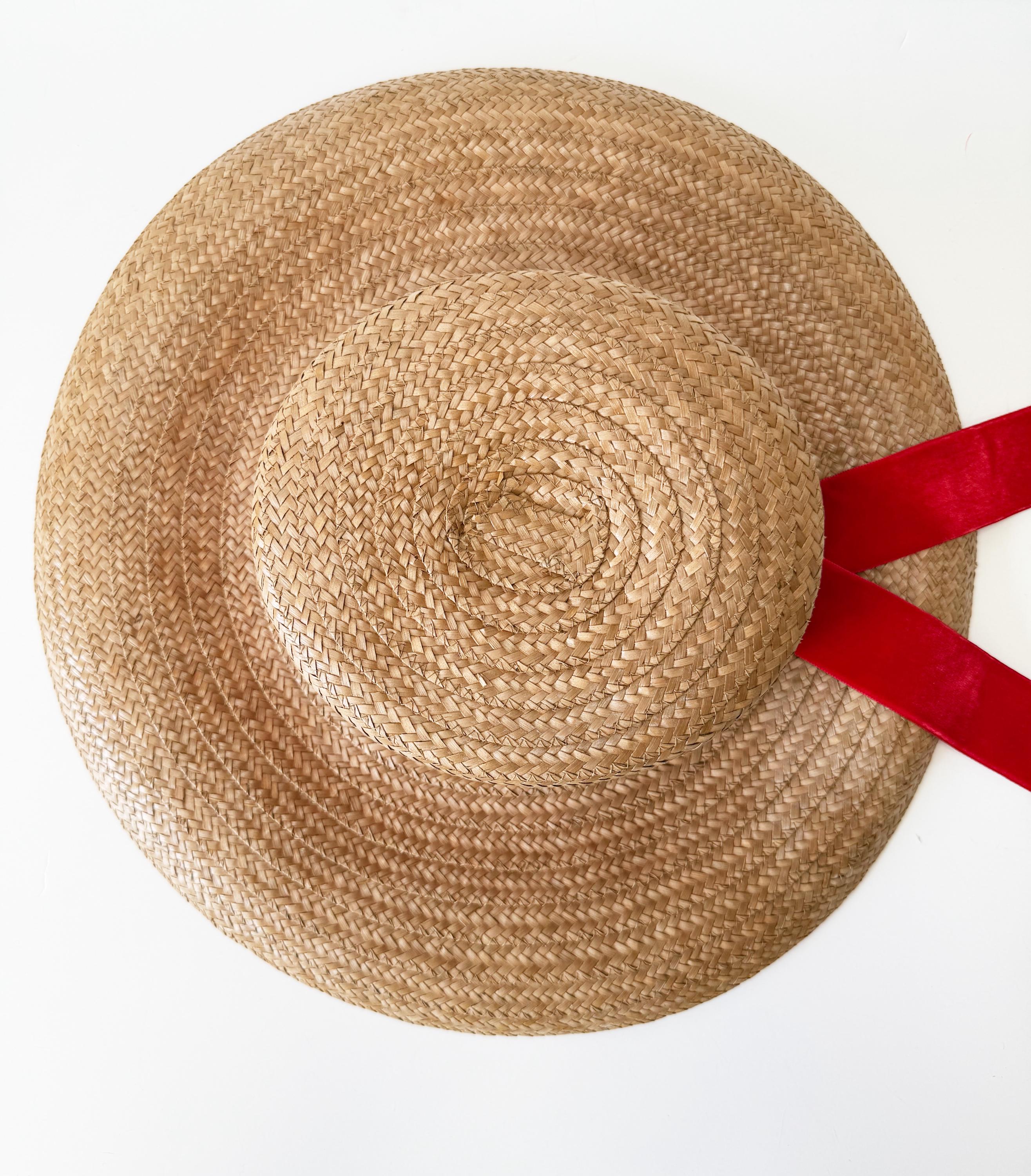 Vintage John Frederics Straw Boater Hat: Wide Brim, Red Velvet Ribbon