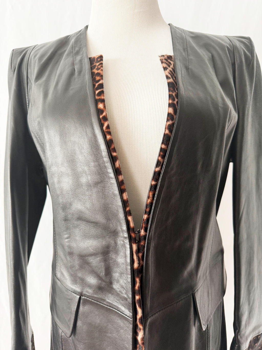 vintage black leather blazer jacket with snake skin trim