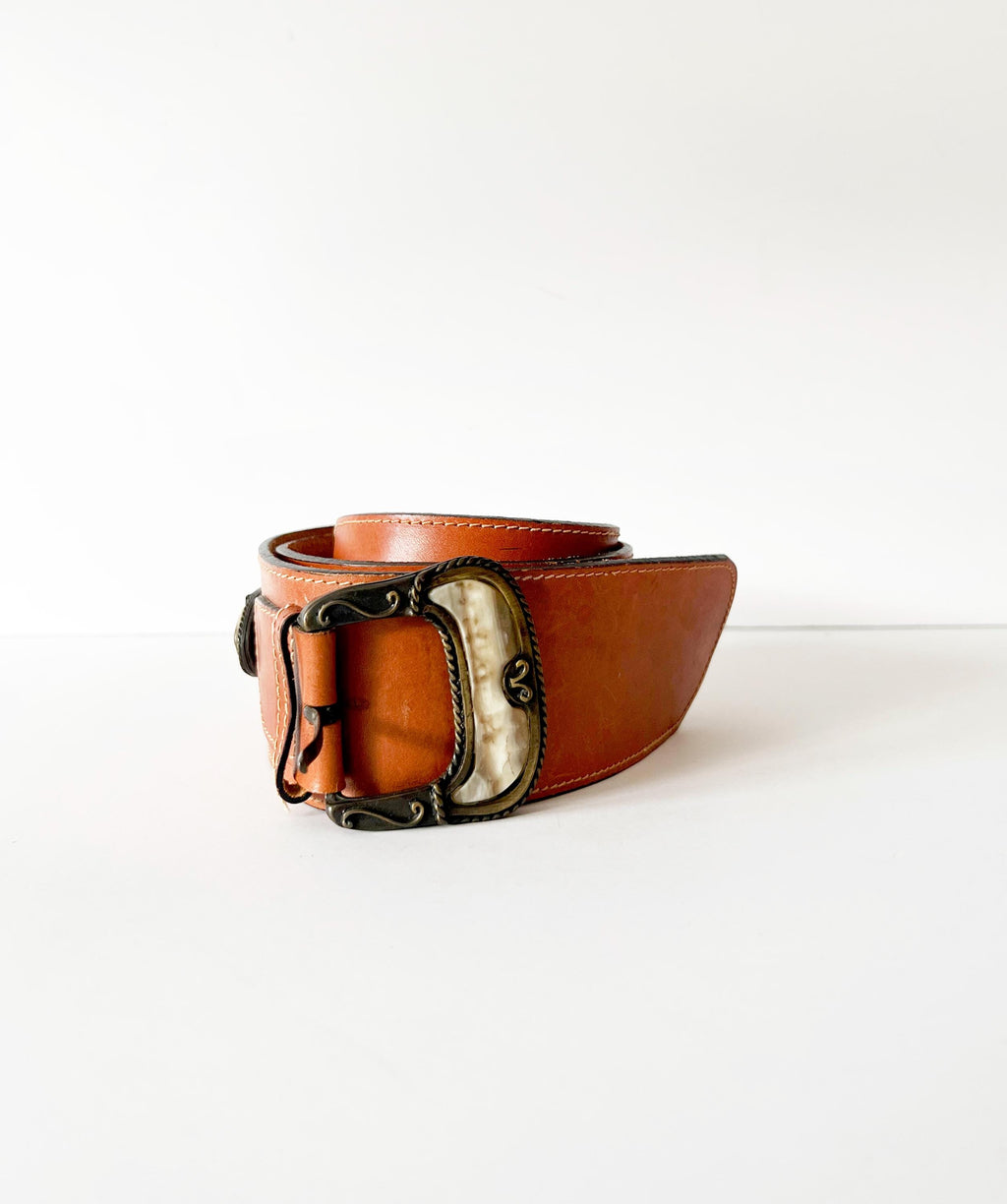 vintage wide belt stone metal and leather cinch belt / large