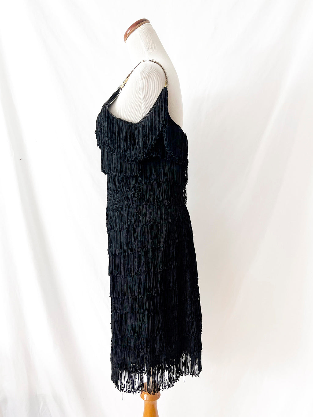 Vintage Black Fringe Dress with Rhinestone Straps - XS/S - Needs Repair