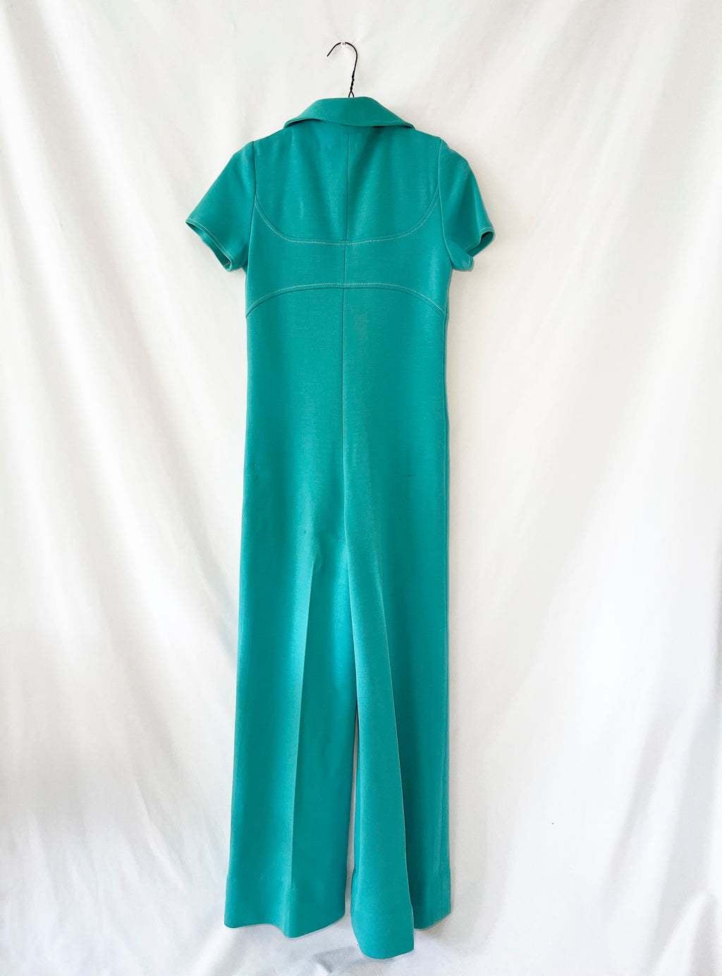vintage 70s French jumpsuit turquoise zippered wool one piece  small