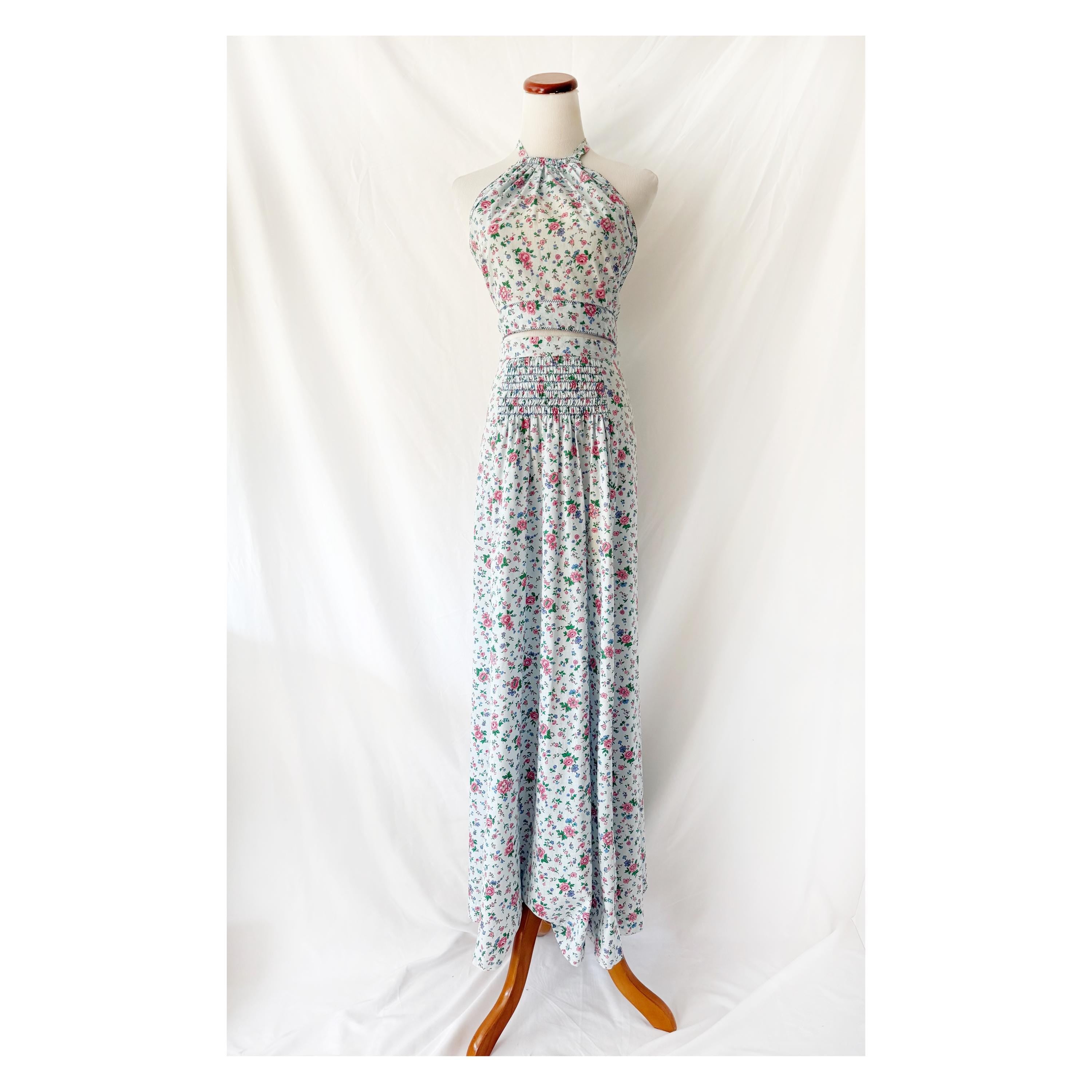 1960s Floral Halter Top Maxi Skirt Set: Vintage Corky Craig Festival Outfit