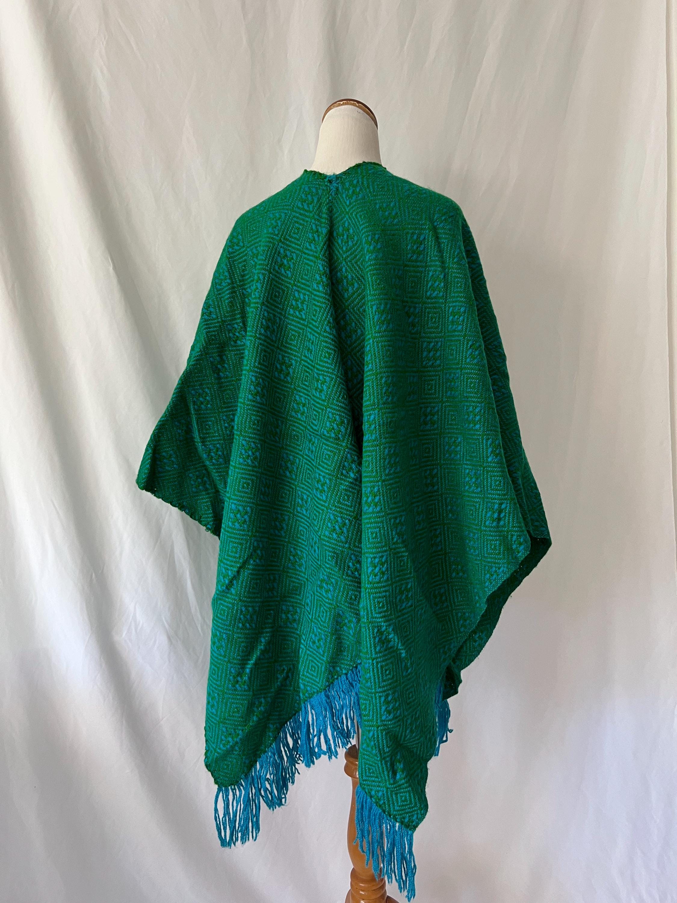 vintage poncho shawl south american woven blue and green abstract pattern