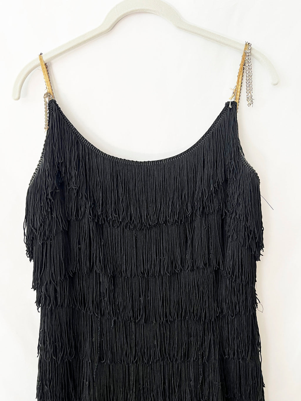 Vintage Black Fringe Dress with Rhinestone Straps - XS/S - Needs Repair