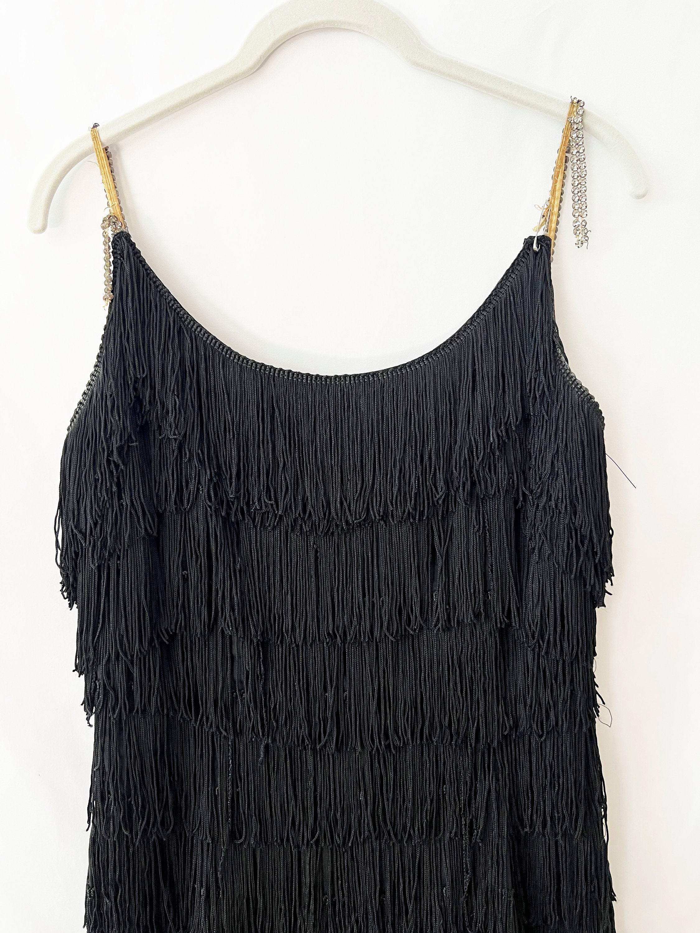 Vintage Black Fringe Dress with Rhinestone Straps - XS/S - Needs Repair