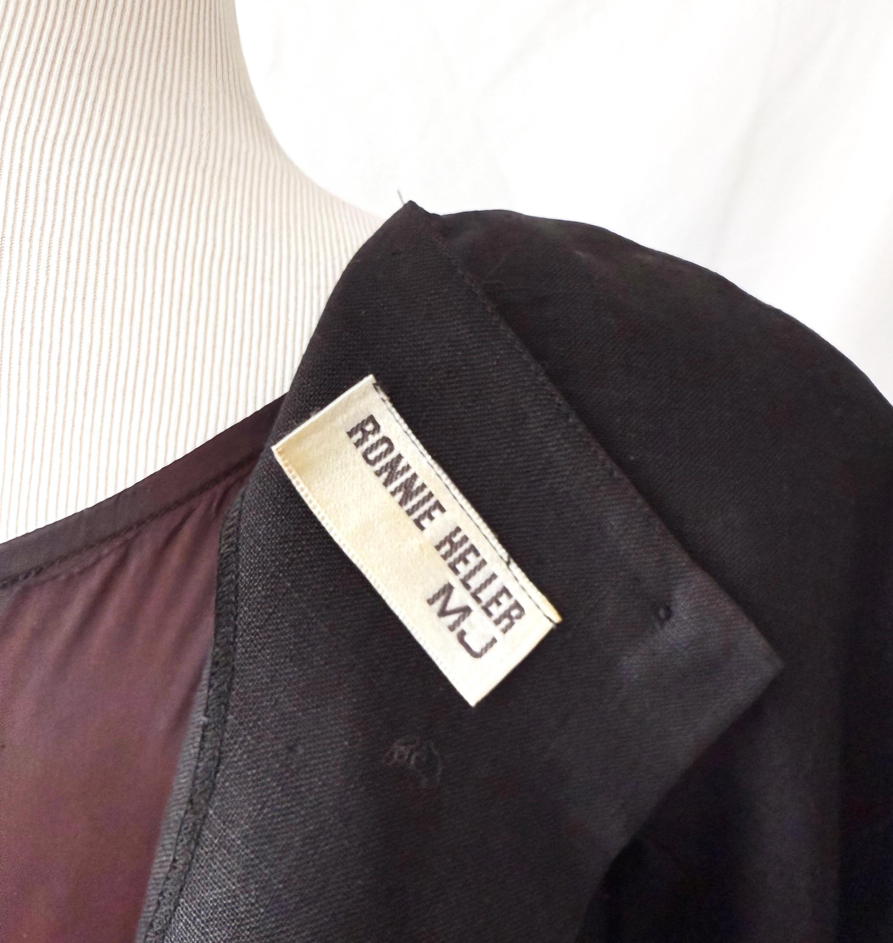 Vintage 1980s Ronnie Heller Black Linen Crop Top Dress Medium