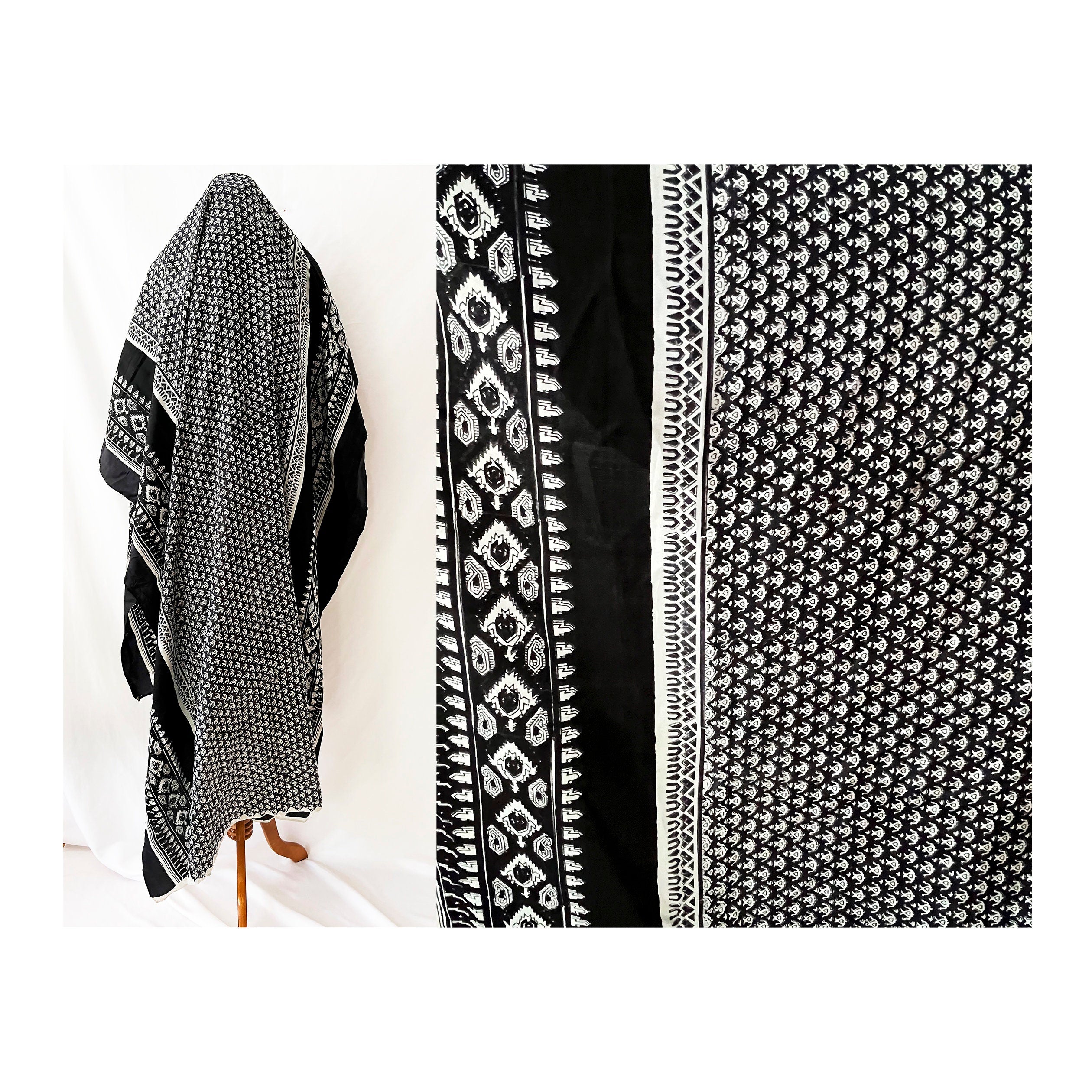 Vintage Indian Silk Fabric: Black & White Abstract Floral, 5 Yards