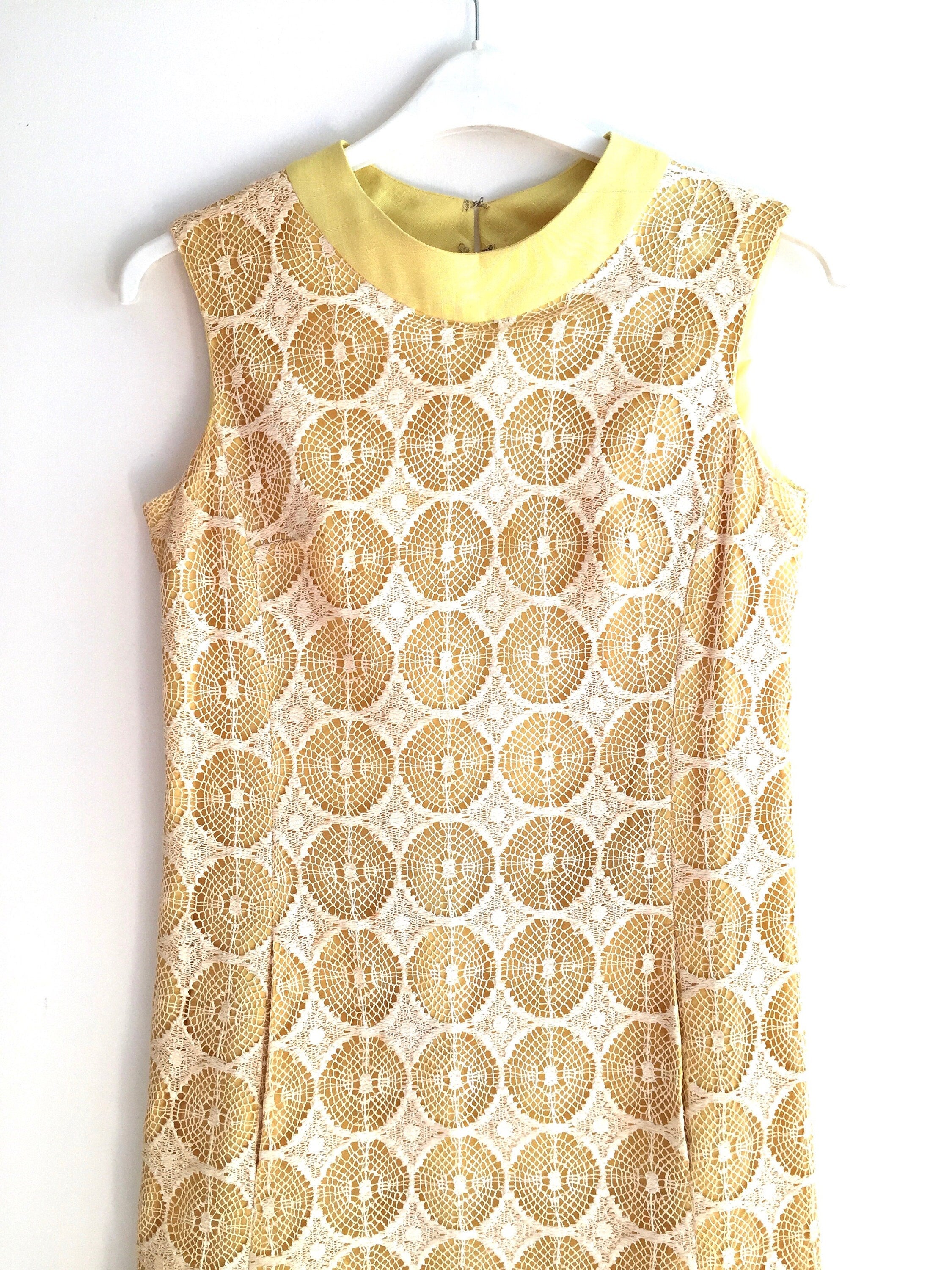 Vintage 1960s Crochet Linen Dress: Mod Yellow Sheath, Pockets, Medium