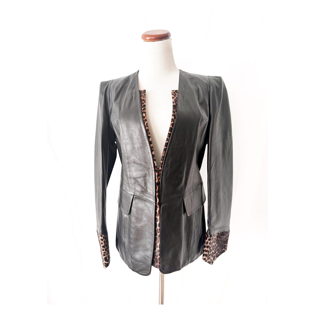 vintage black leather blazer jacket with snake skin trim