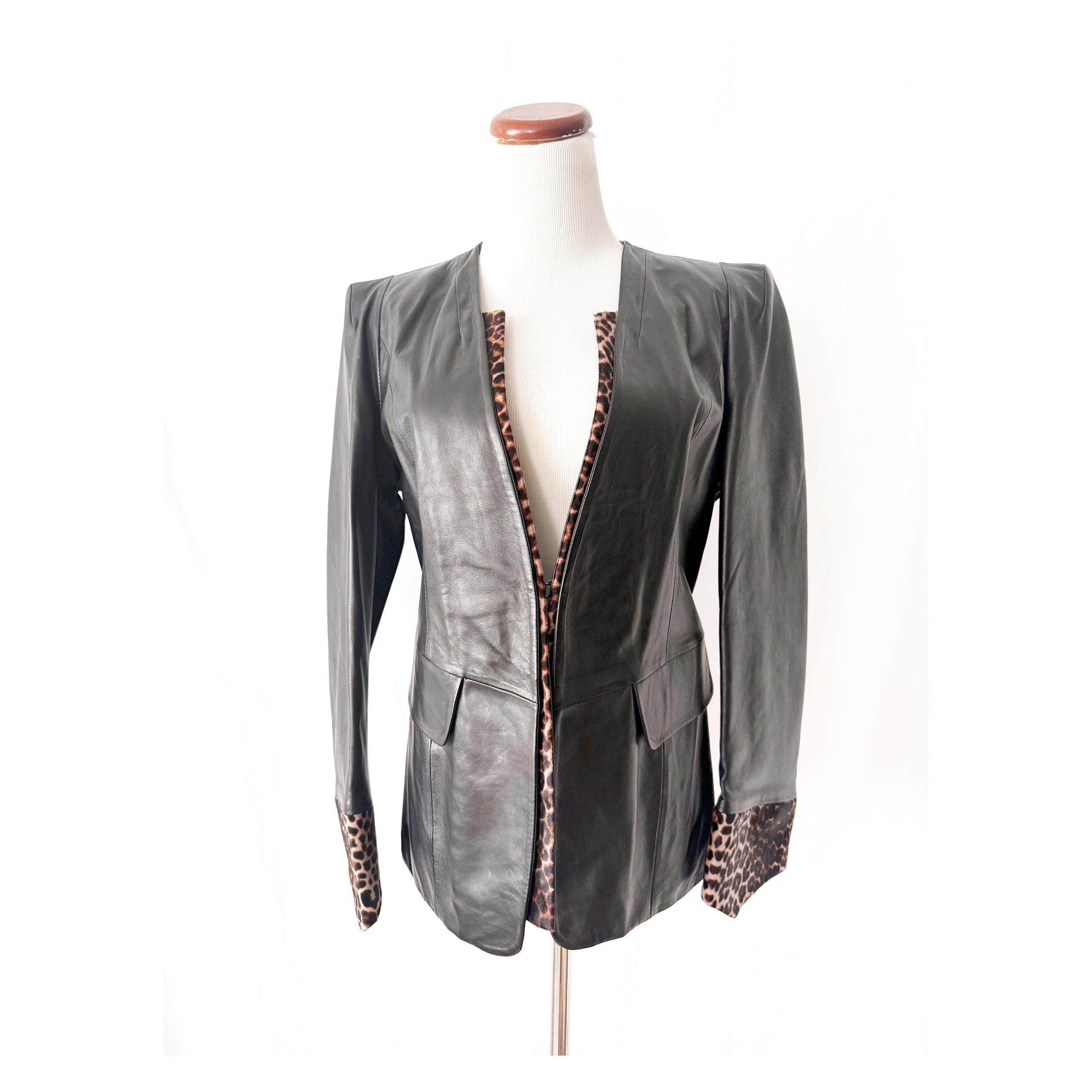 vintage black leather blazer jacket with snake skin trim