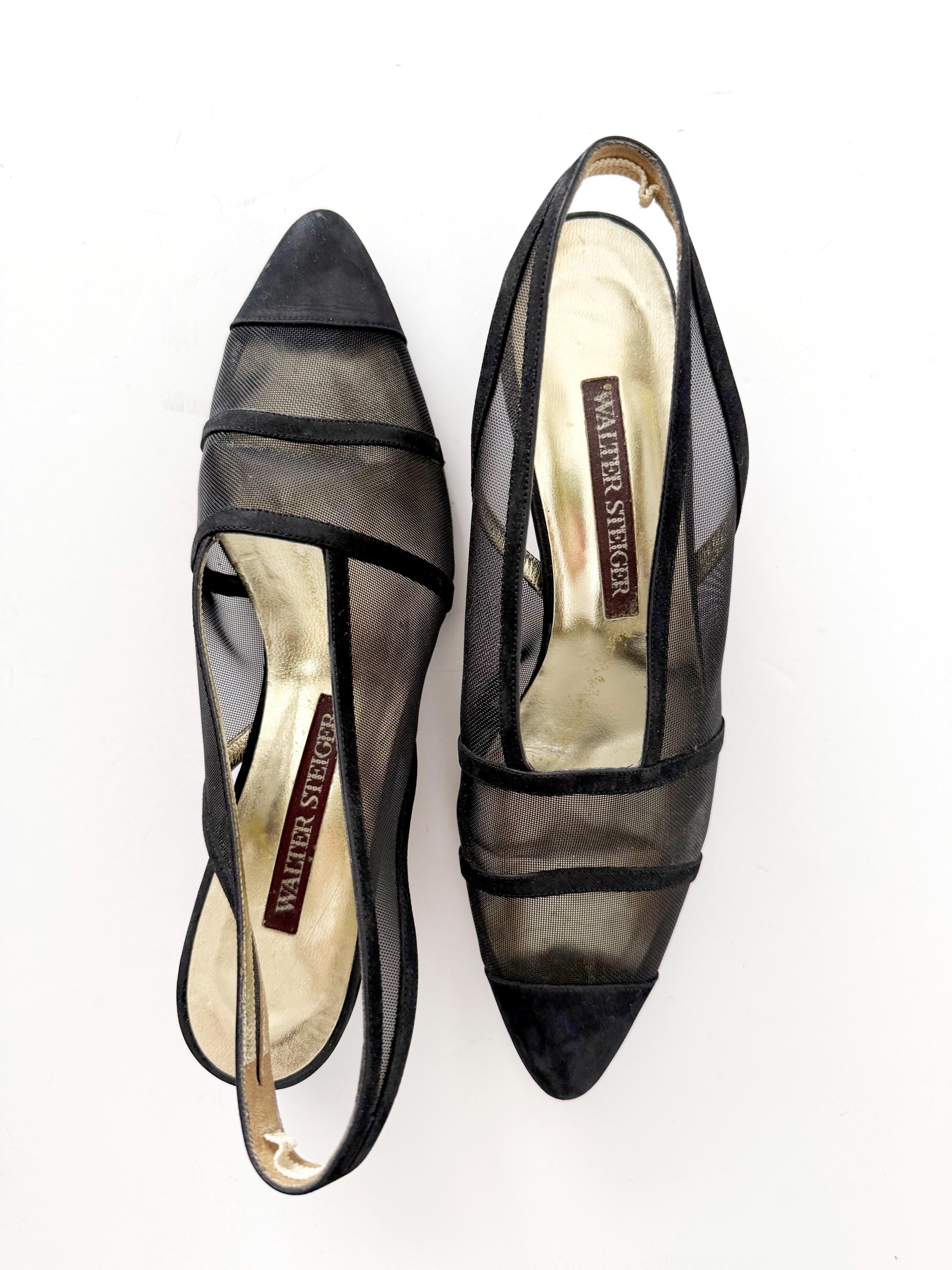 size 8 aa 1990s vintage black kitten heel sling backs sheer