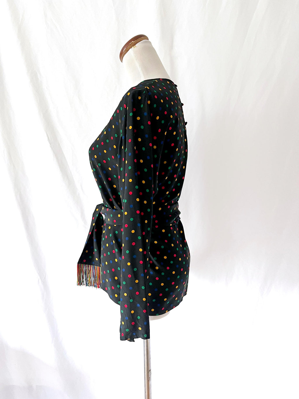 Vintage Jaeger Silk Blouse: 1980s Polka Dot with Fringe Sash, Small