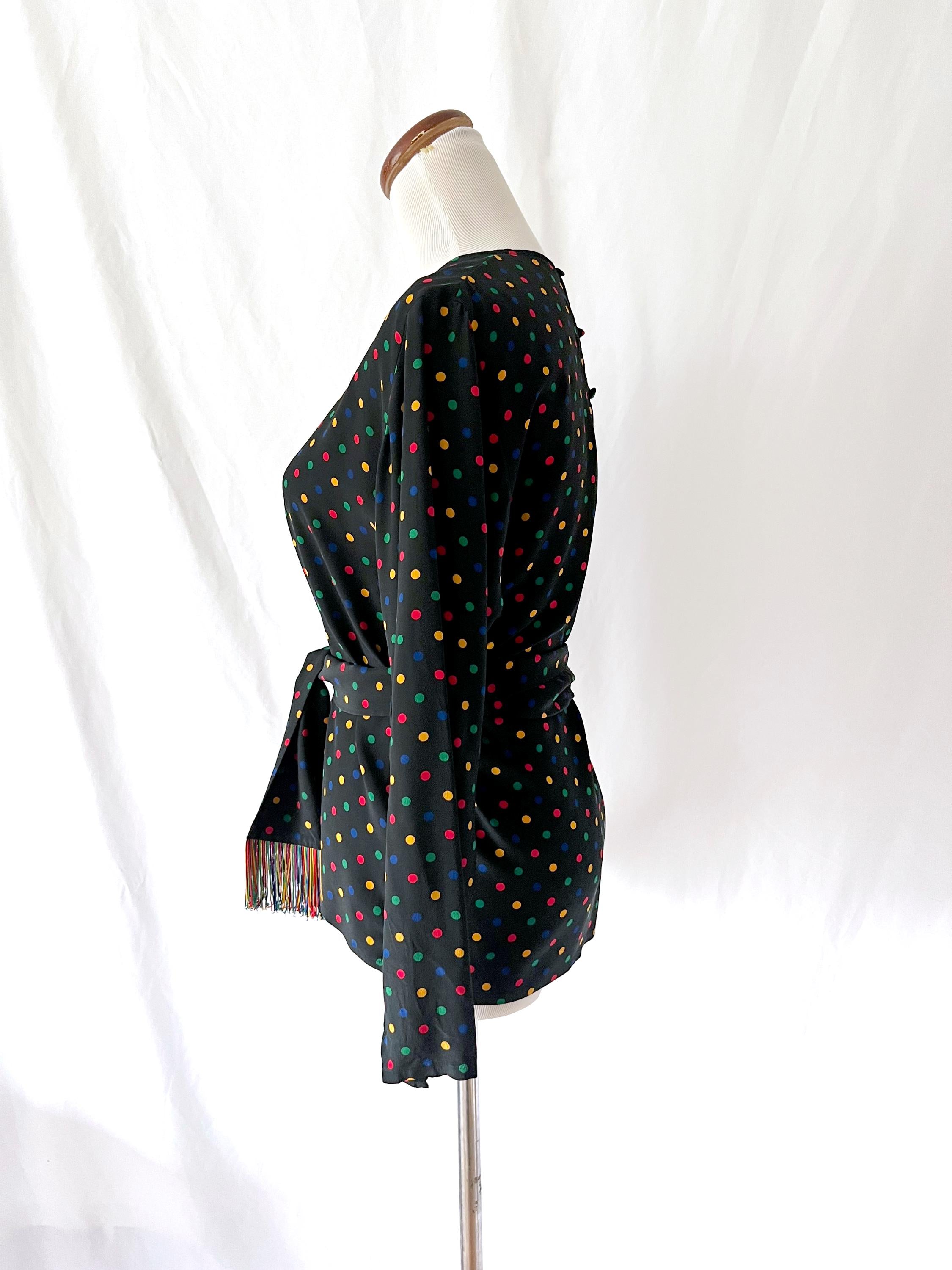 Vintage Jaeger Silk Blouse: 1980s Polka Dot with Fringe Sash, Small
