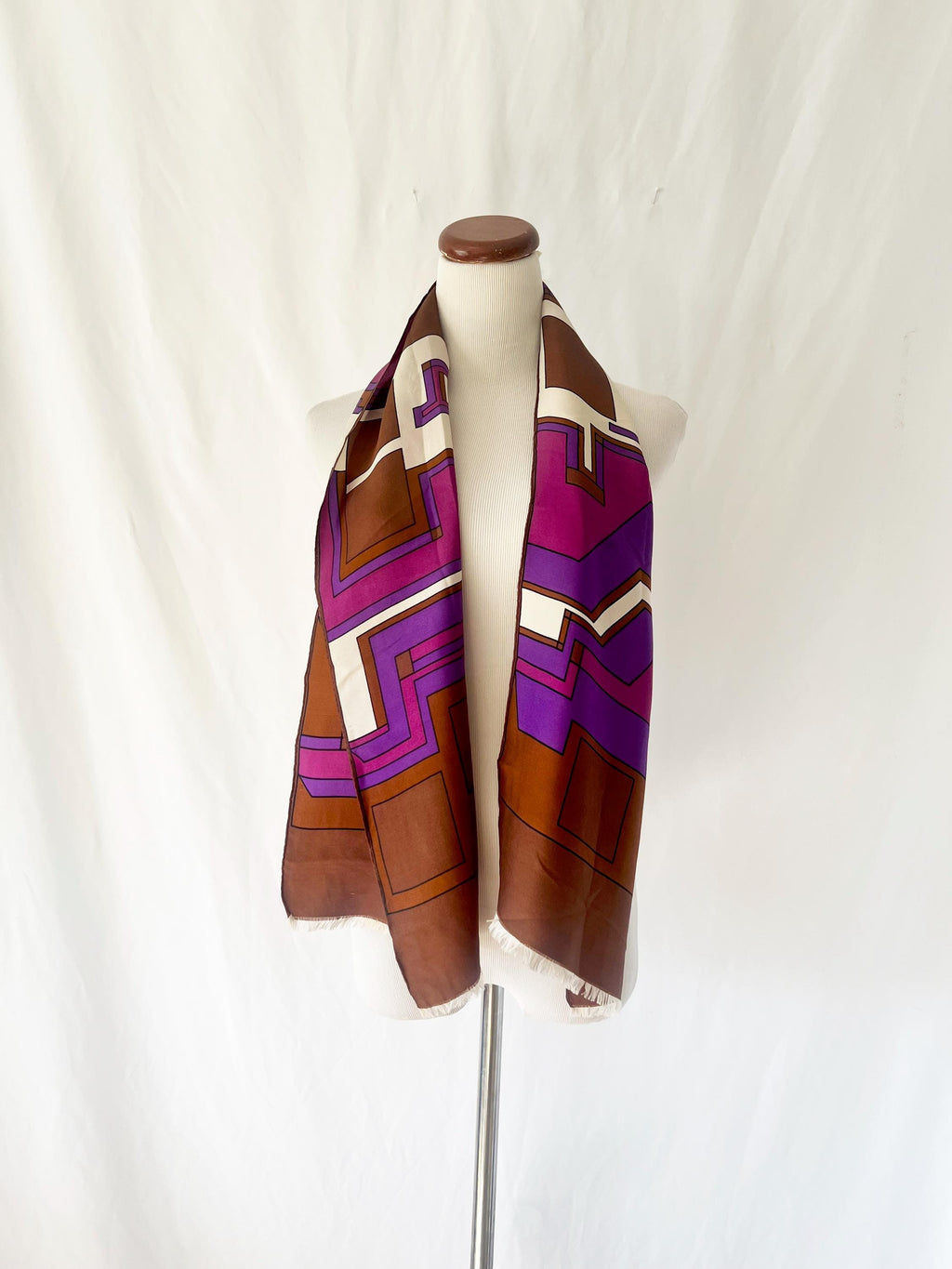 Vintage 1960s Geometric Silk Scarf: Purple, Brown & White