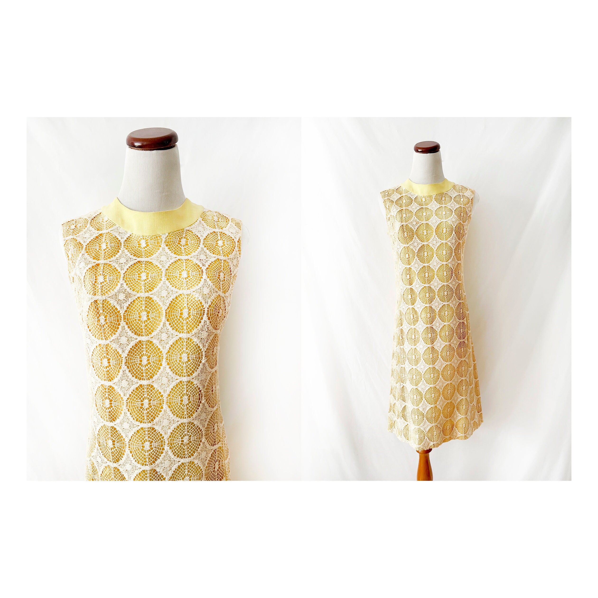 Vintage 1960s Crochet Linen Dress: Mod Yellow Sheath, Pockets, Medium