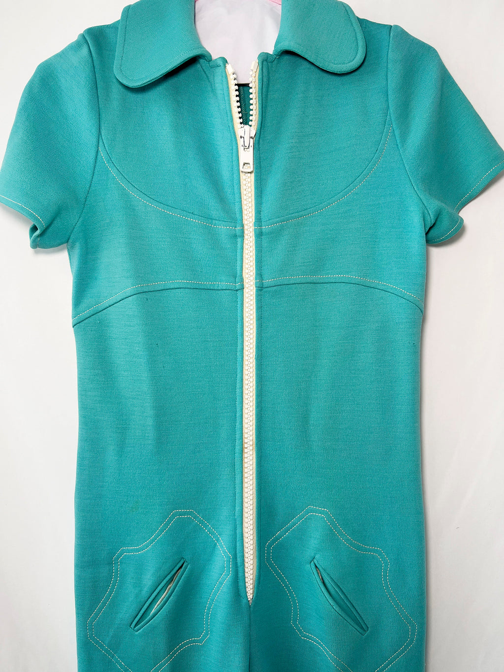 vintage 70s French jumpsuit turquoise zippered wool one piece  small