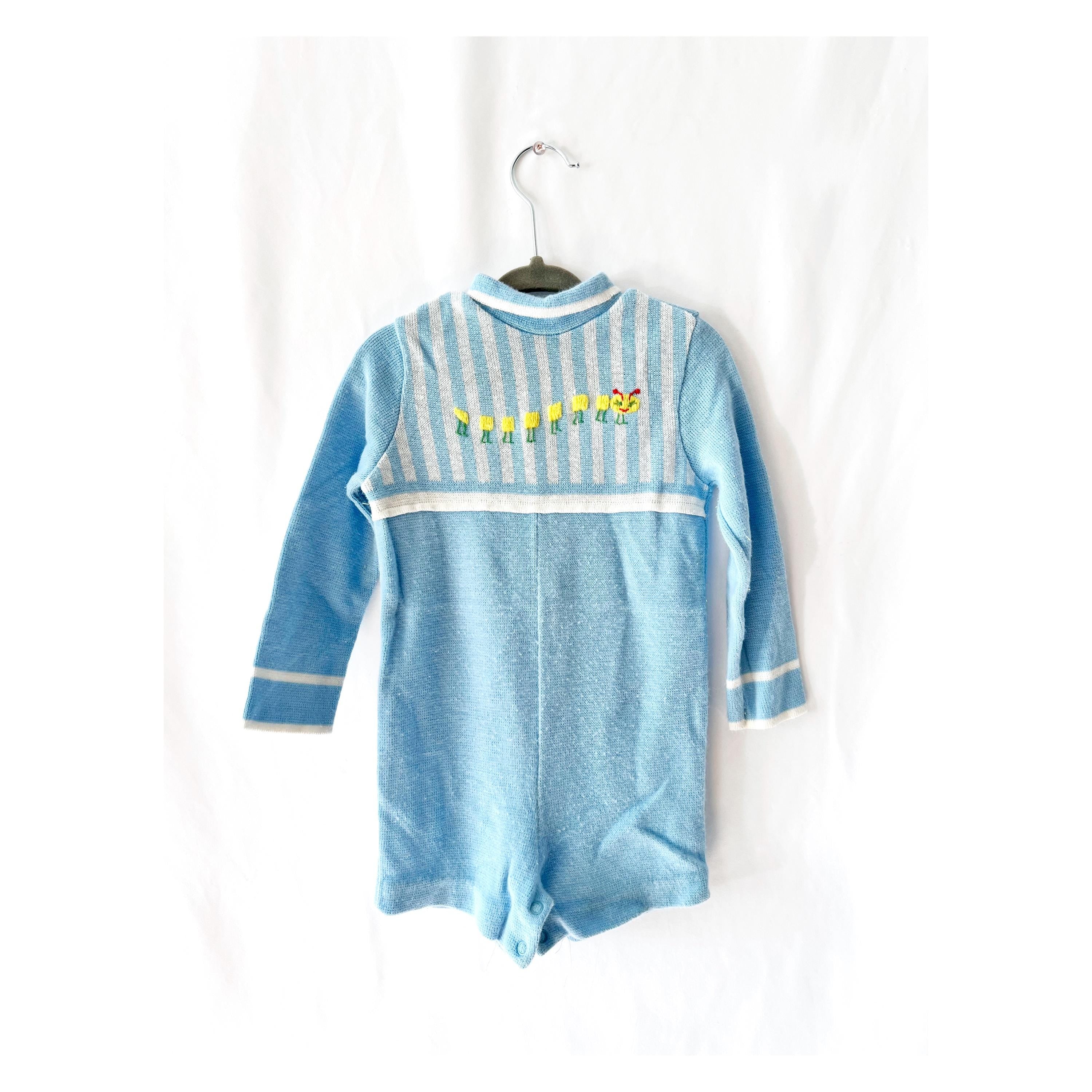 Vintage 1960s Knit Baby Romper: Blue Caterpillar Jumpsuit (12-14 Months)