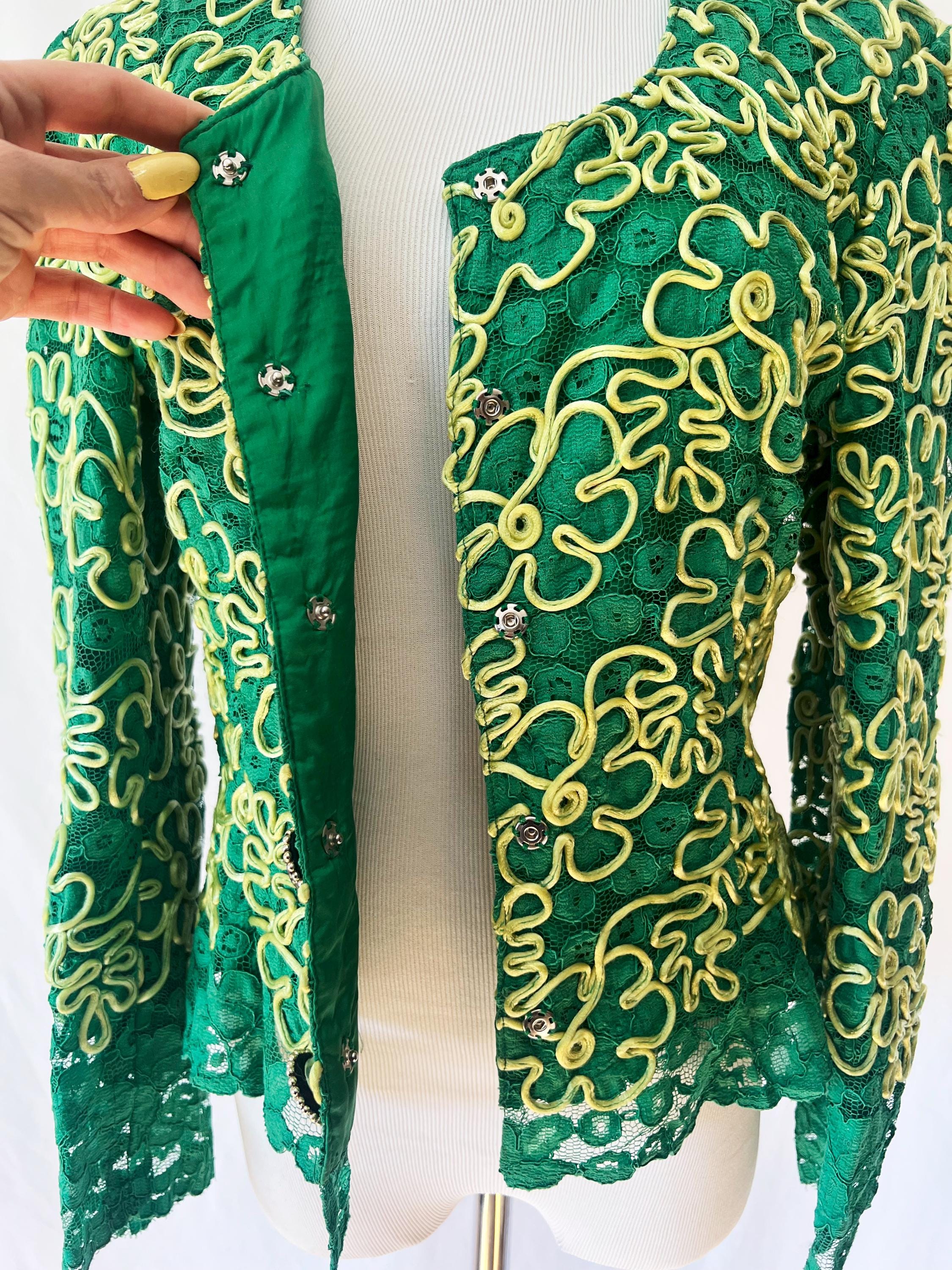 1970s Italian couture green and yellow lace jacket with rhinestone buttons small