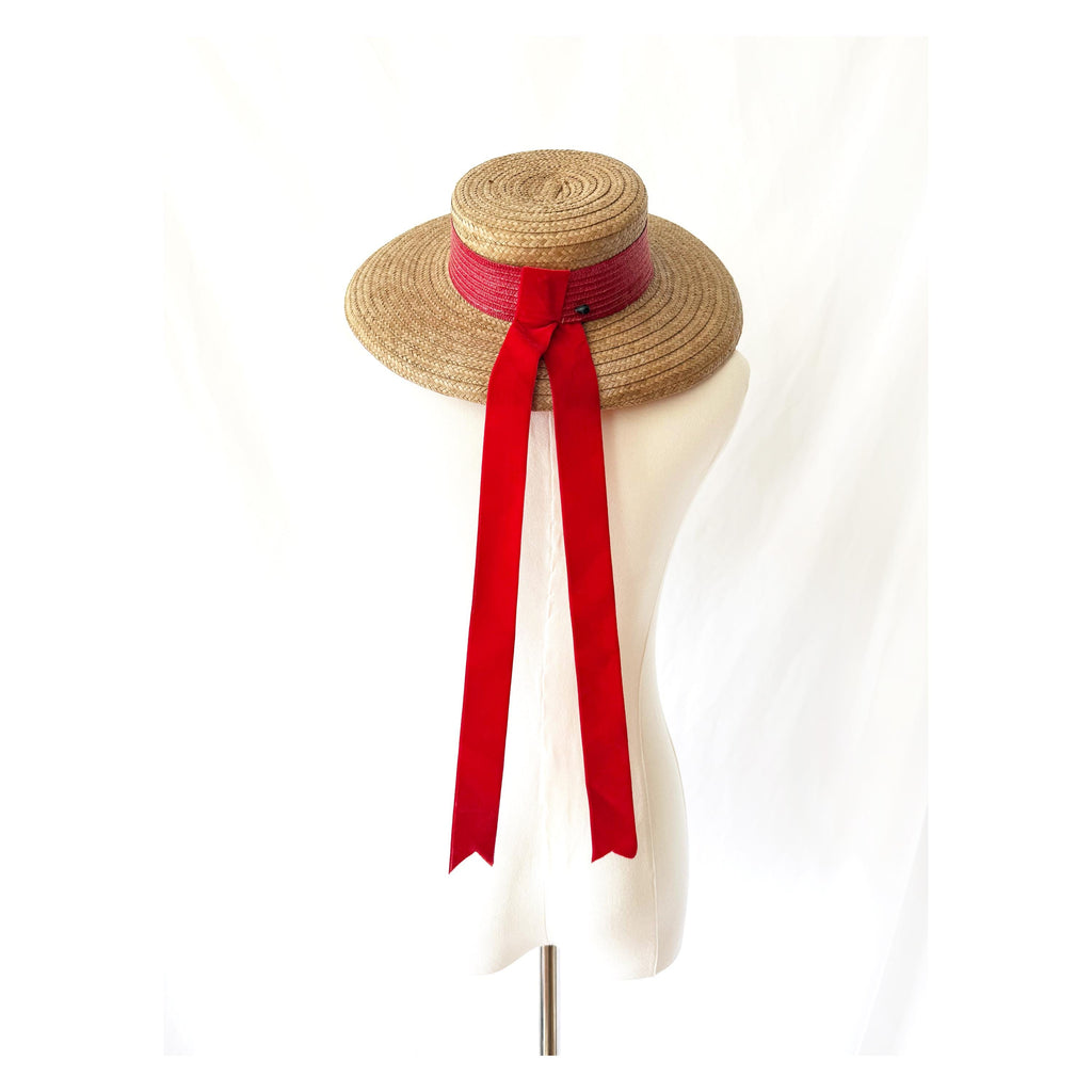 Vintage John Frederics Straw Boater Hat: Wide Brim, Red Velvet Ribbon