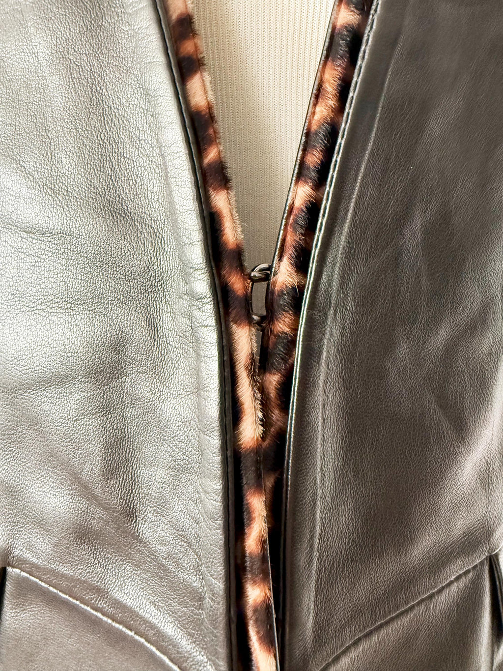 vintage black leather blazer jacket with snake skin trim