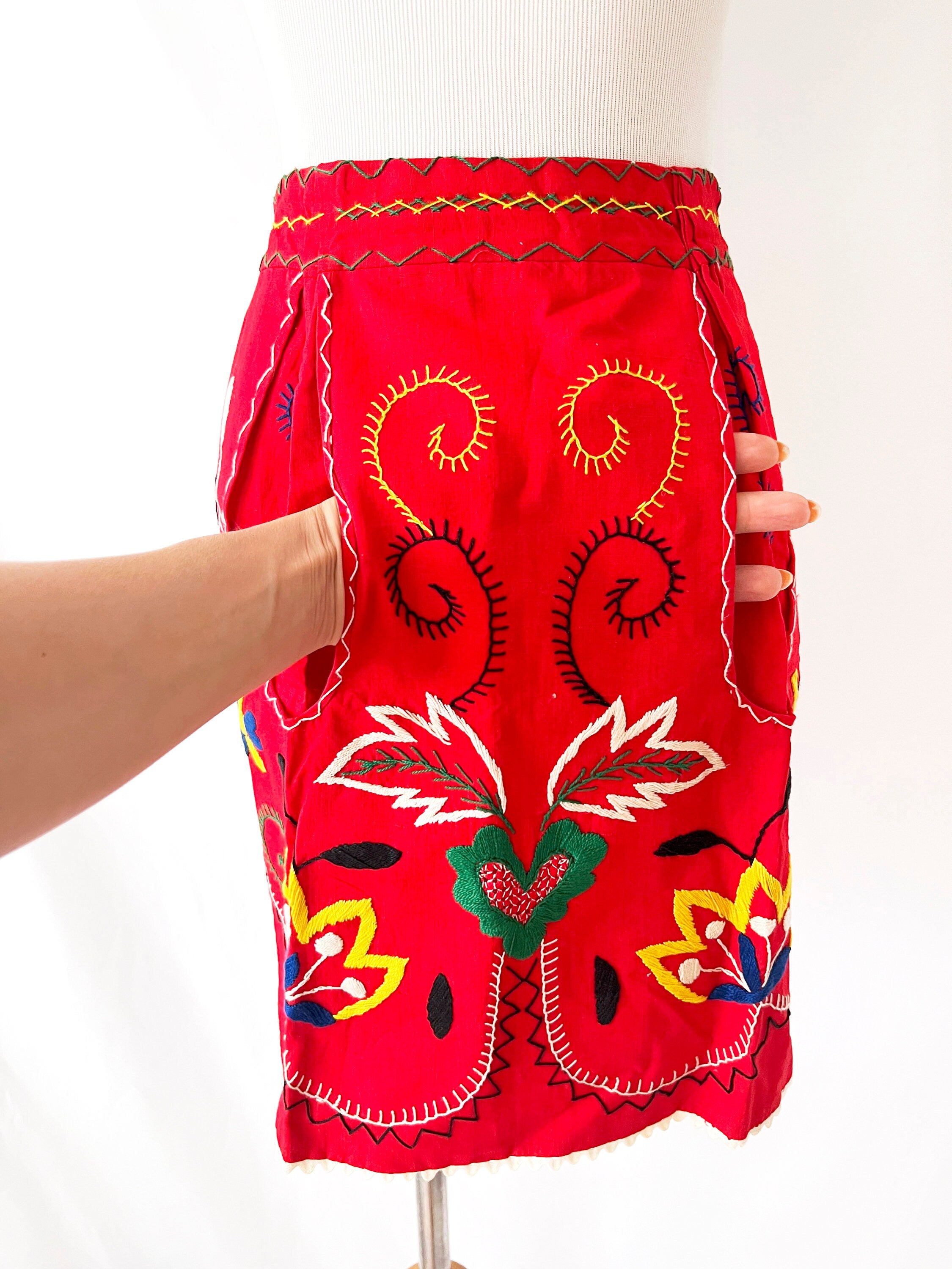 half apron red with colorful embroidery