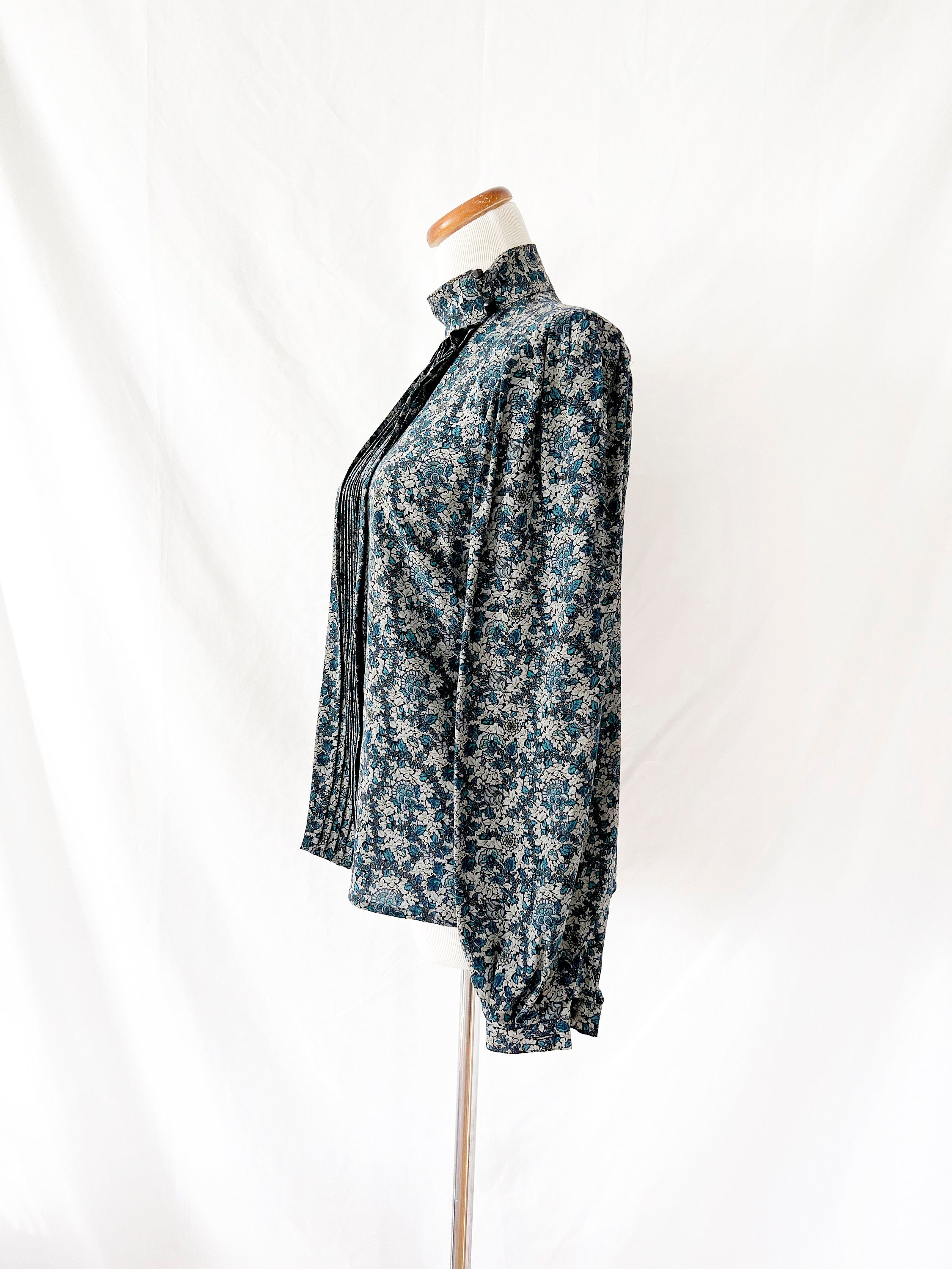 Vintage Ungaro Silk Blouse: 1980s Blue Floral Print, Size 6