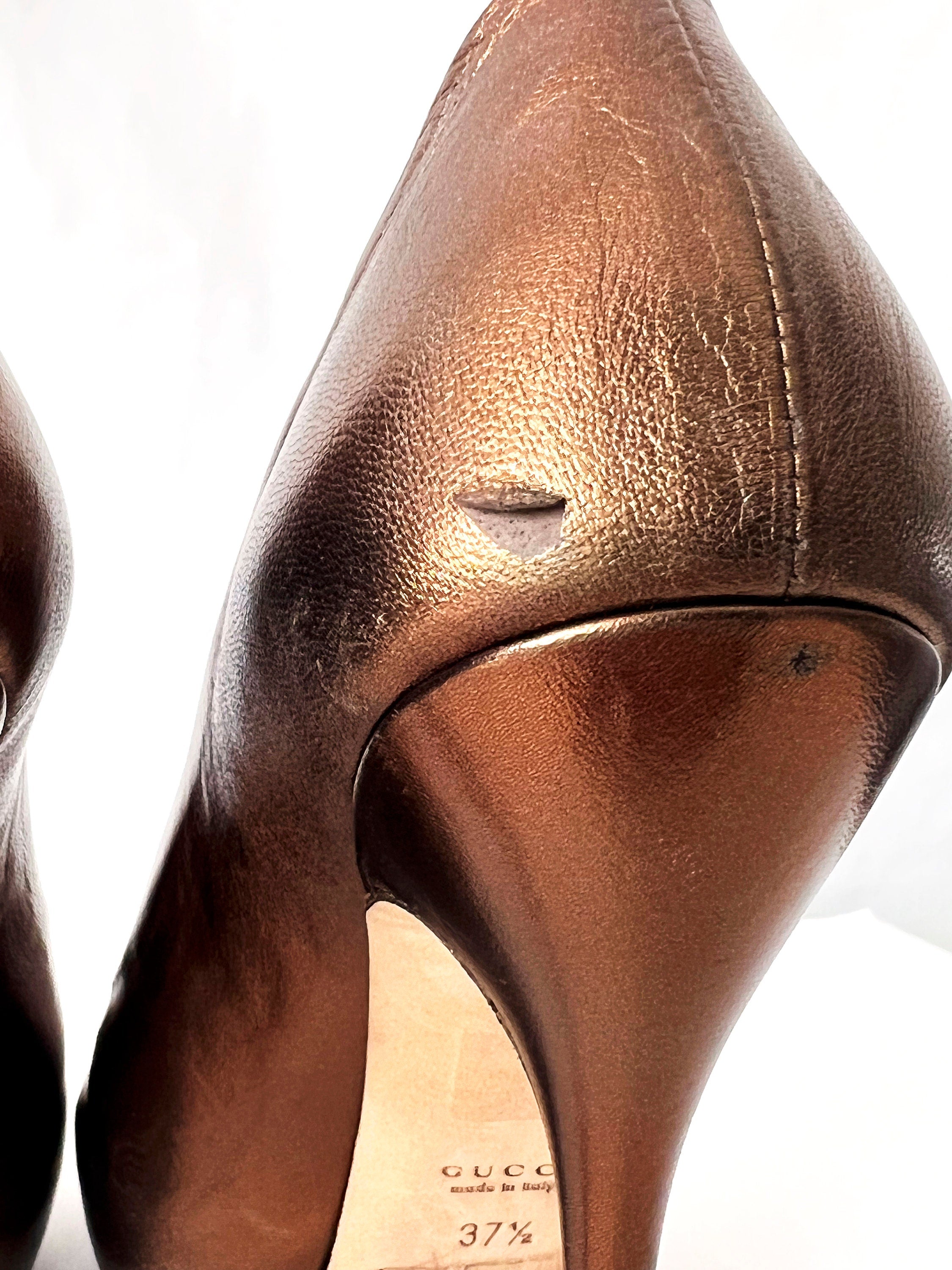 Gucci Bronze Stiletto Peeptoe Platform eu 37.5 US Size 7