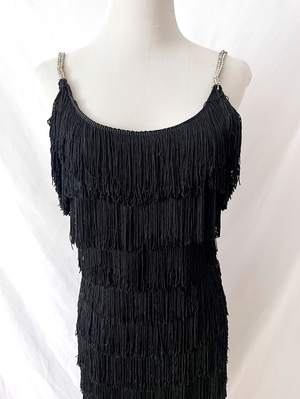 Vintage Black Fringe Dress with Rhinestone Straps - XS/S - Needs Repair