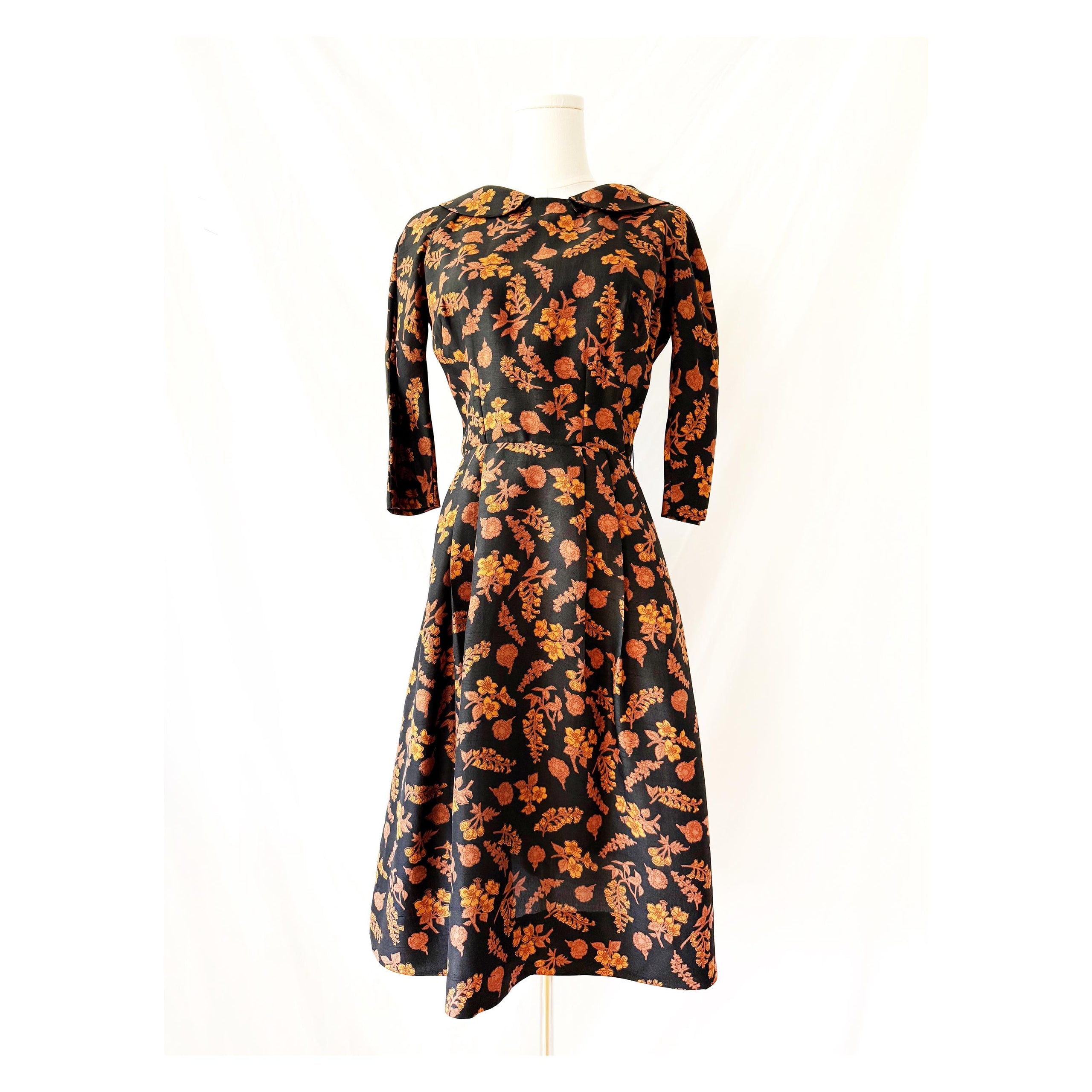 Vintage 1950s Autumn Leaves Silk Midi Dress Small