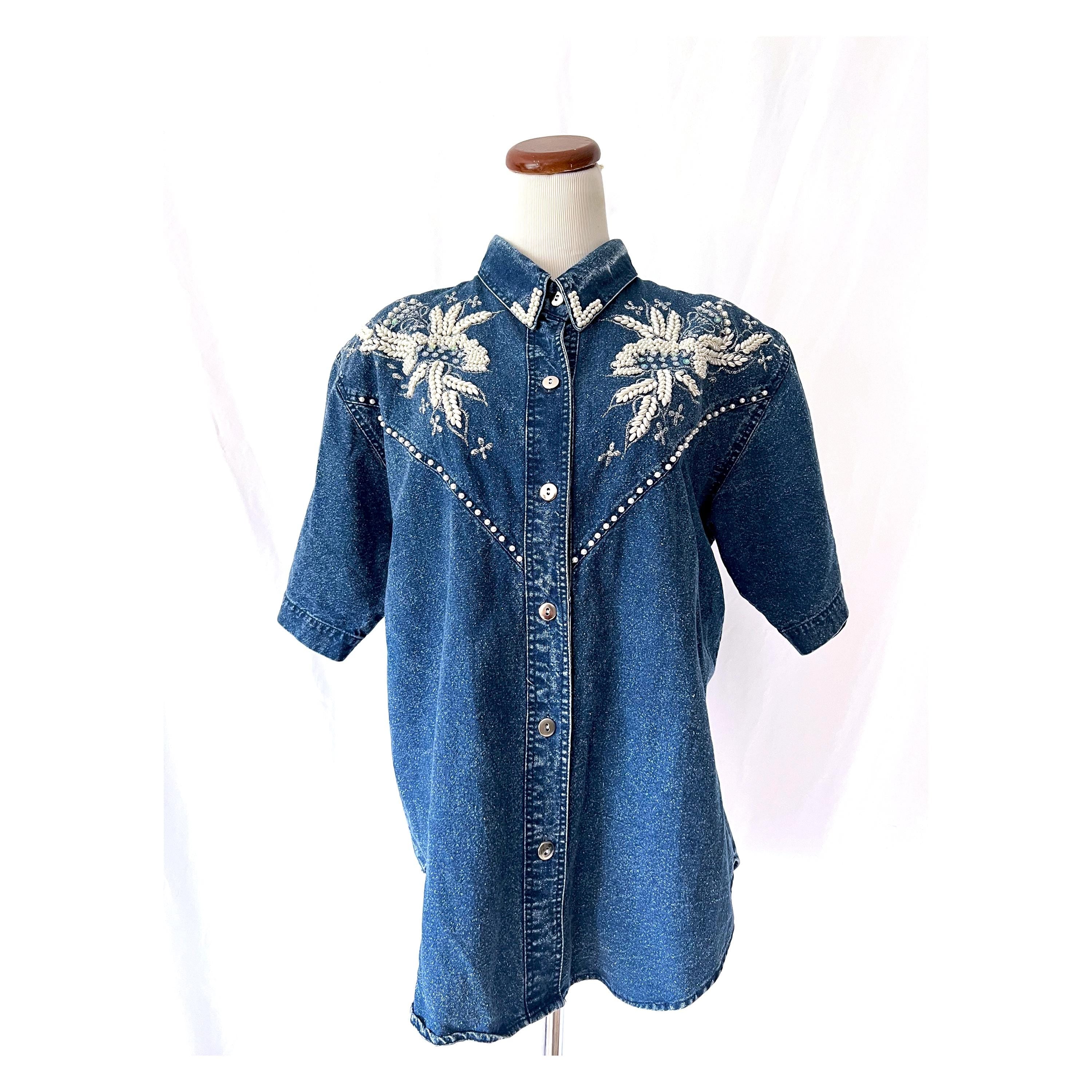vintage 80s sequins and pearls denim shirt large