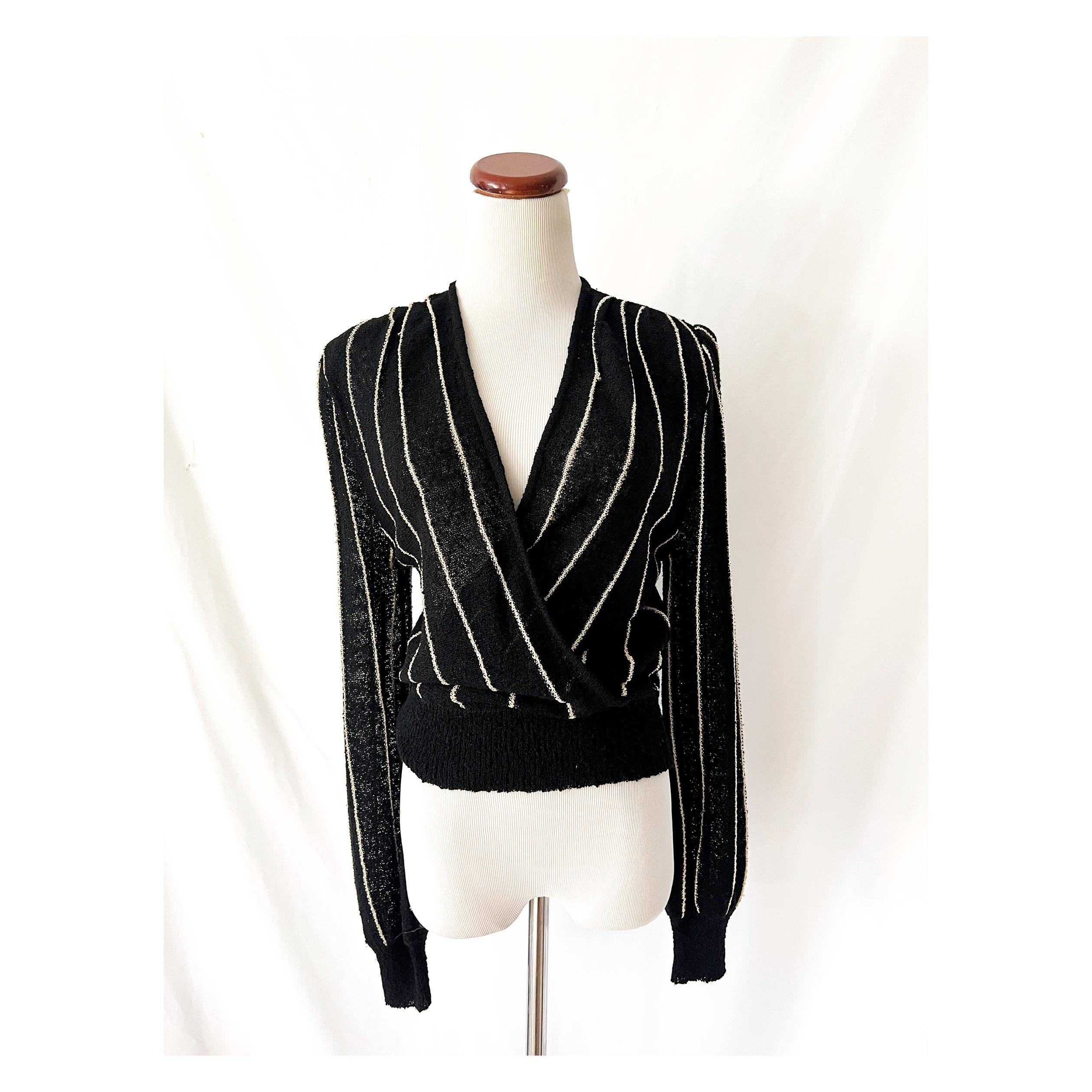 casual corner vintage 1970s deep v sweater black and white stripes medium