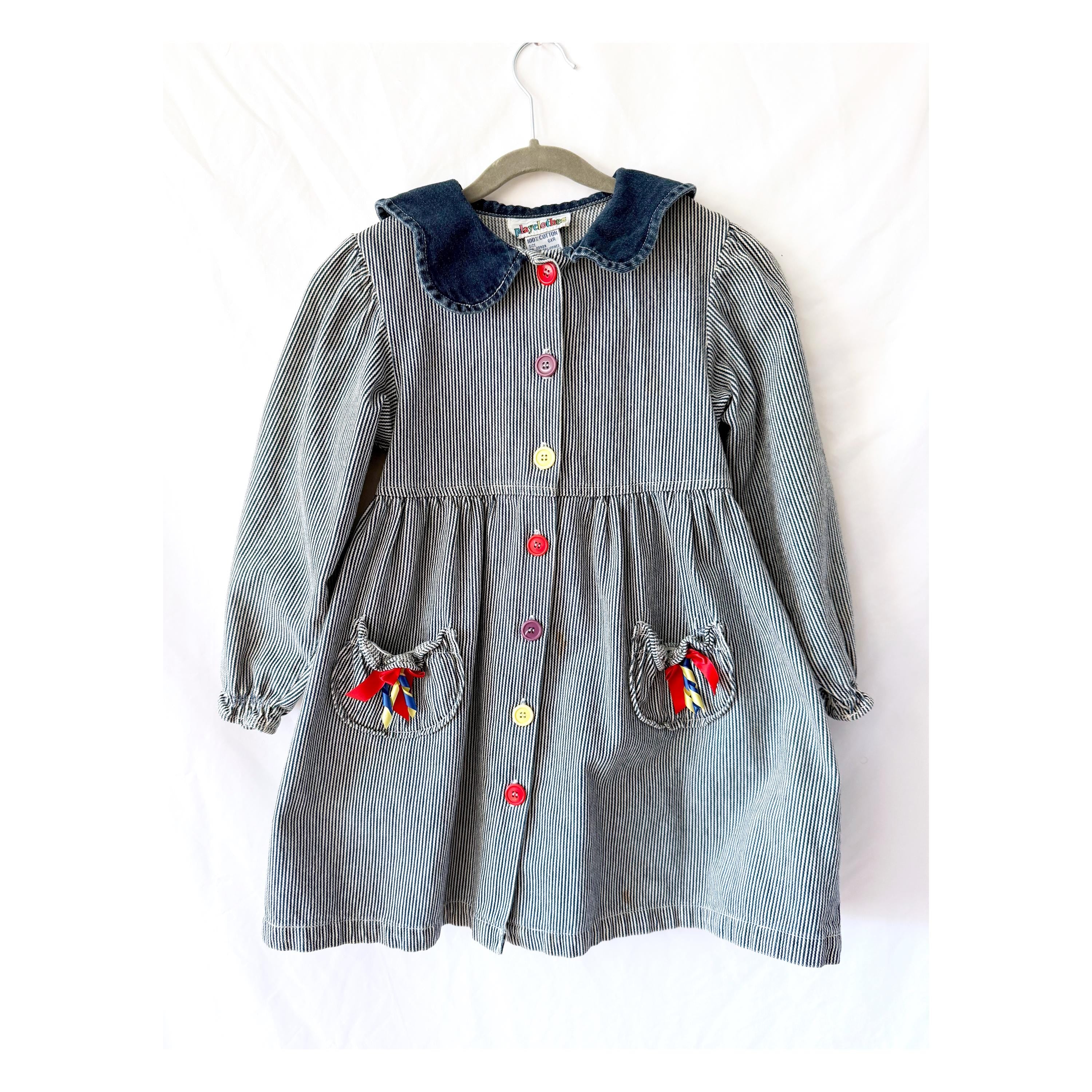 6XR Vintage Striped Denim Dress with Colorful Ribbons and Buttons