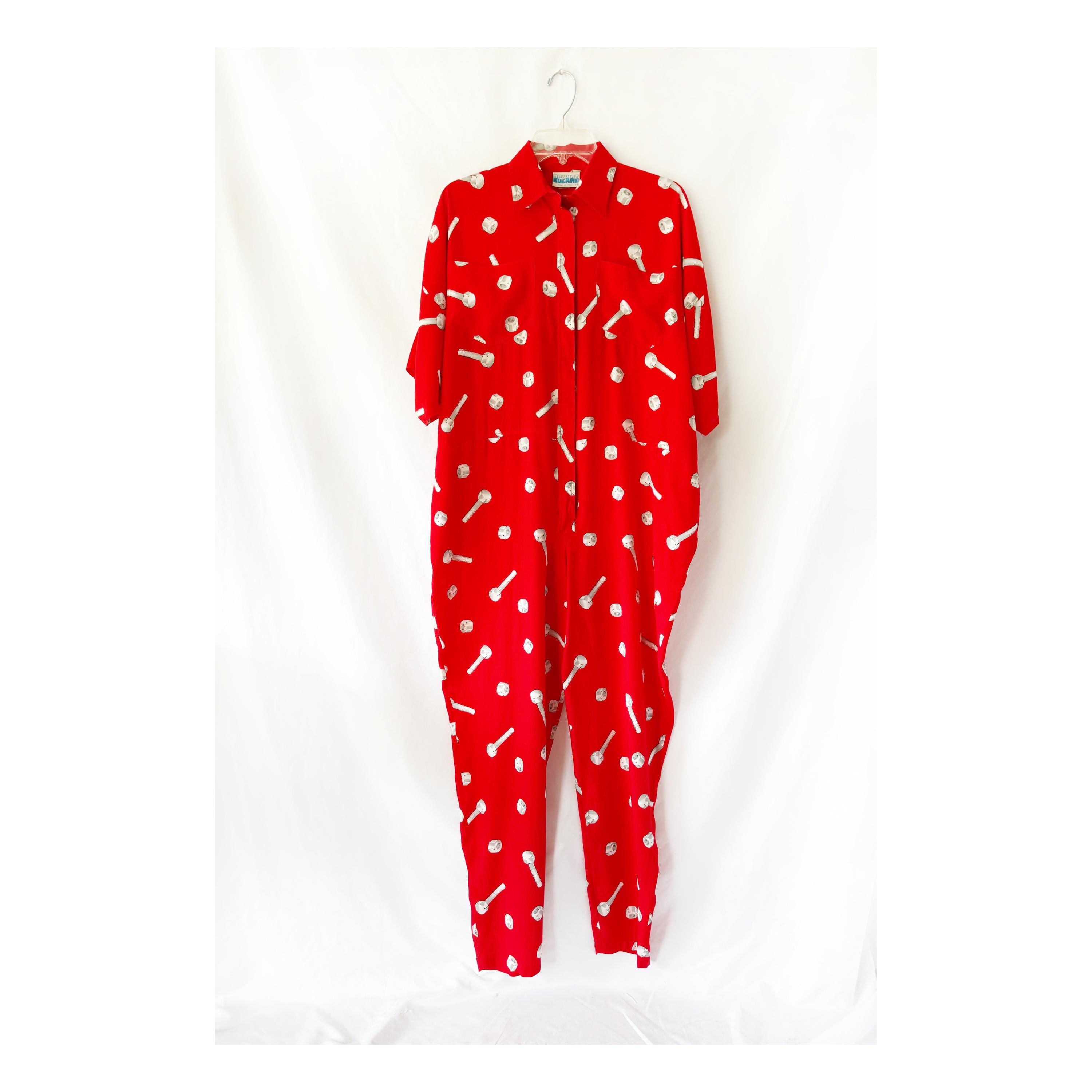 Italian Vintage 90’s Jumpsuit by Oceano Red One Piece Screws and Bolts - OSFM