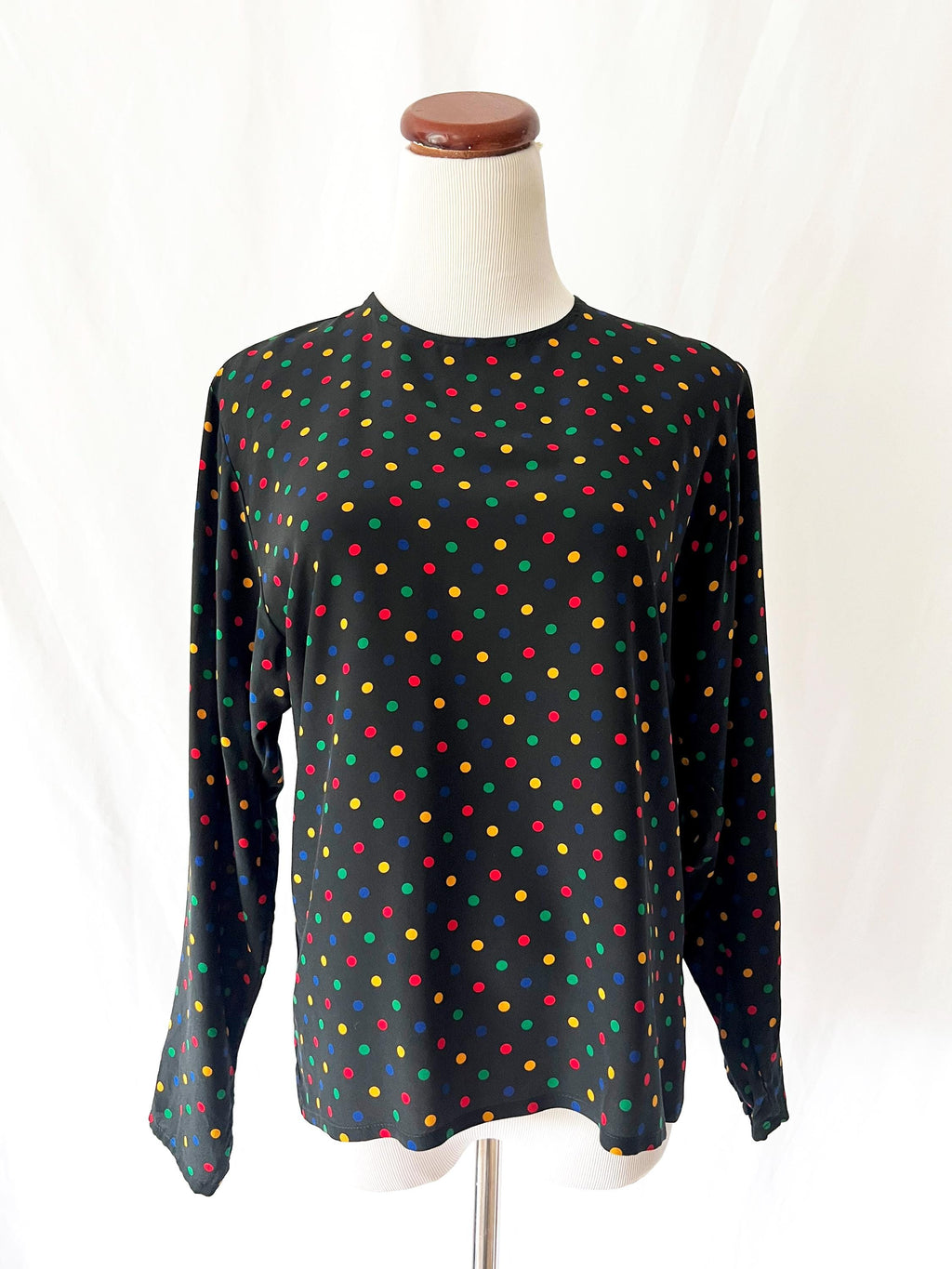 Vintage Jaeger Silk Blouse: 1980s Polka Dot with Fringe Sash, Small