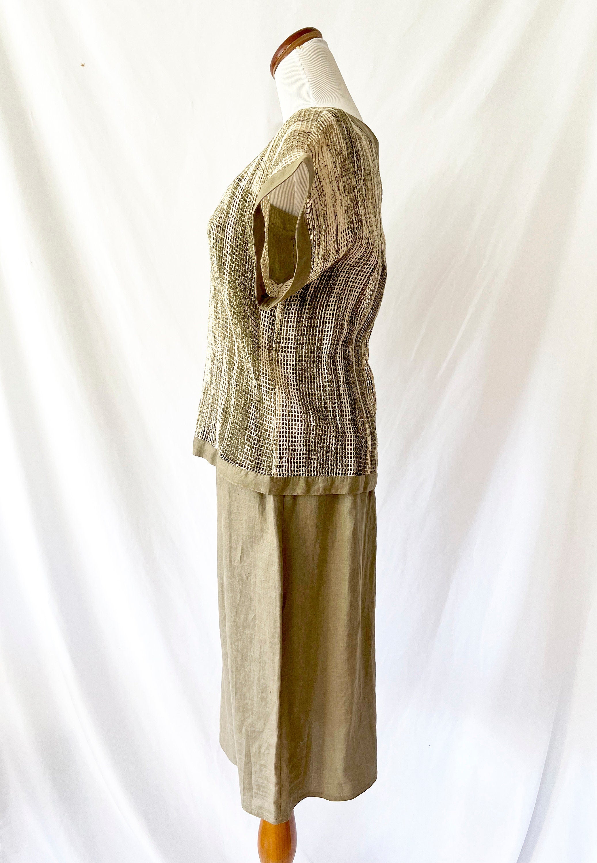 Maggy London by Jeannene Booher / Vintage 1980s fish net top and linen dress small