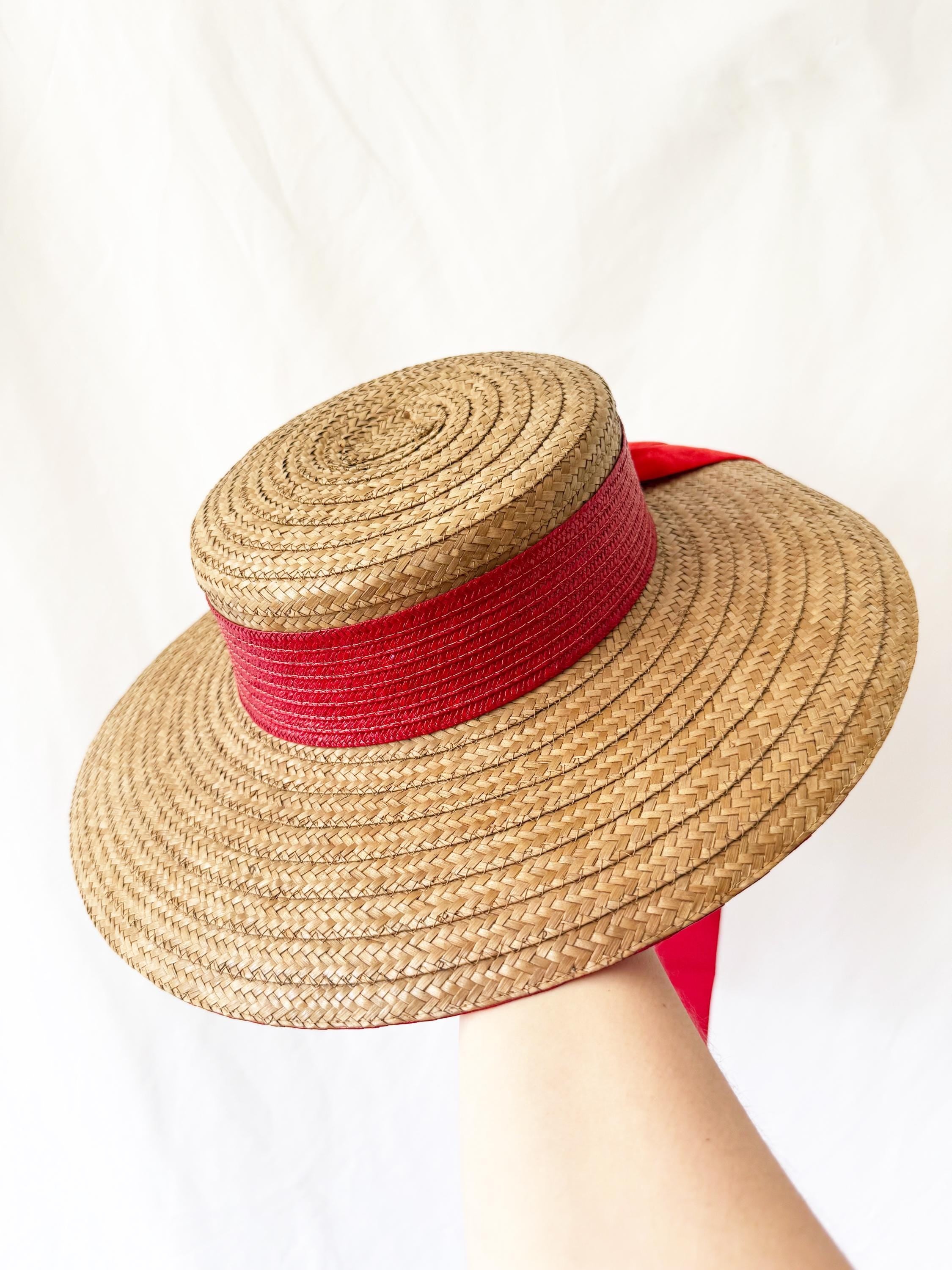 Vintage John Frederics Straw Boater Hat: Wide Brim, Red Velvet Ribbon