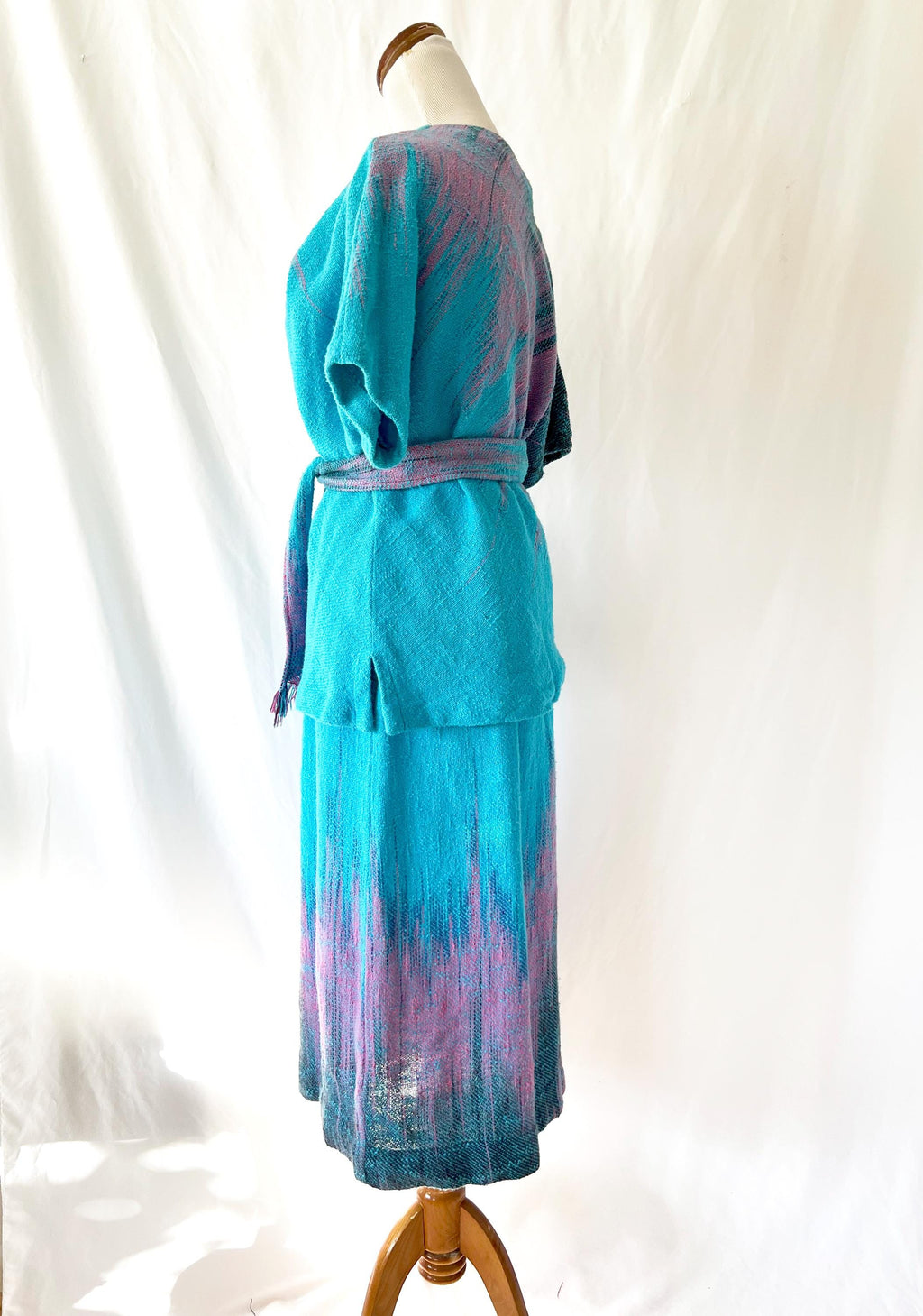 vintage 1980s handwoven skirt set / turquoise and pink / dreamweaver / medium