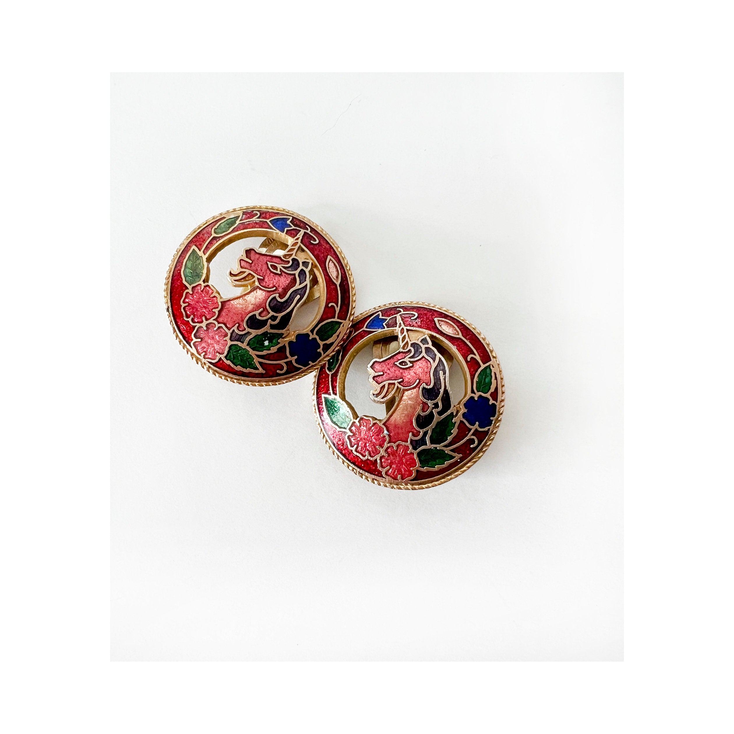 vintage cloisonne earrings unicorns round shape /  mid-century / clip-on