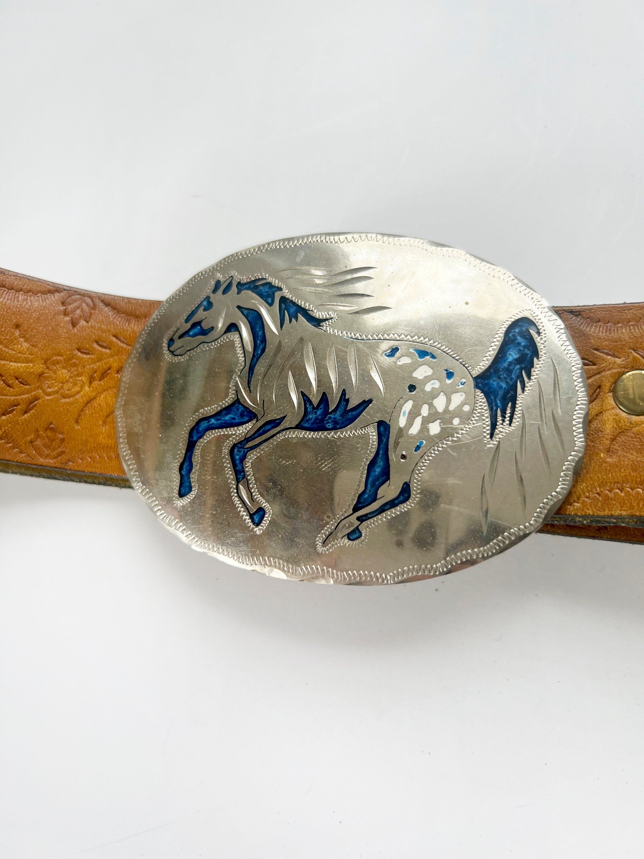 Vintage German Silver Western Belt: Leather Floral Embossed Belt, Size 8-10