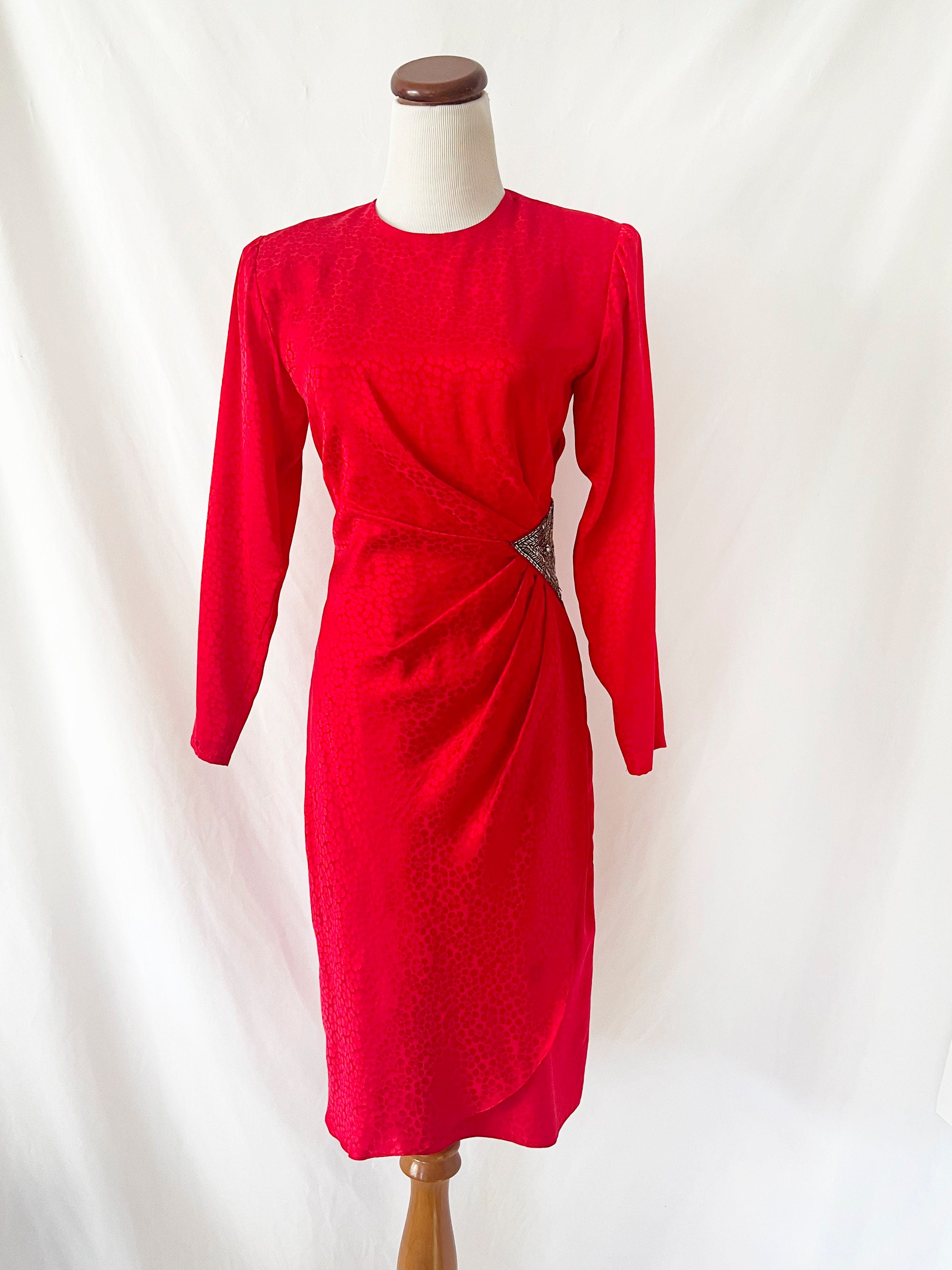 1980s vintage red silk dress with sequin waist argenti small