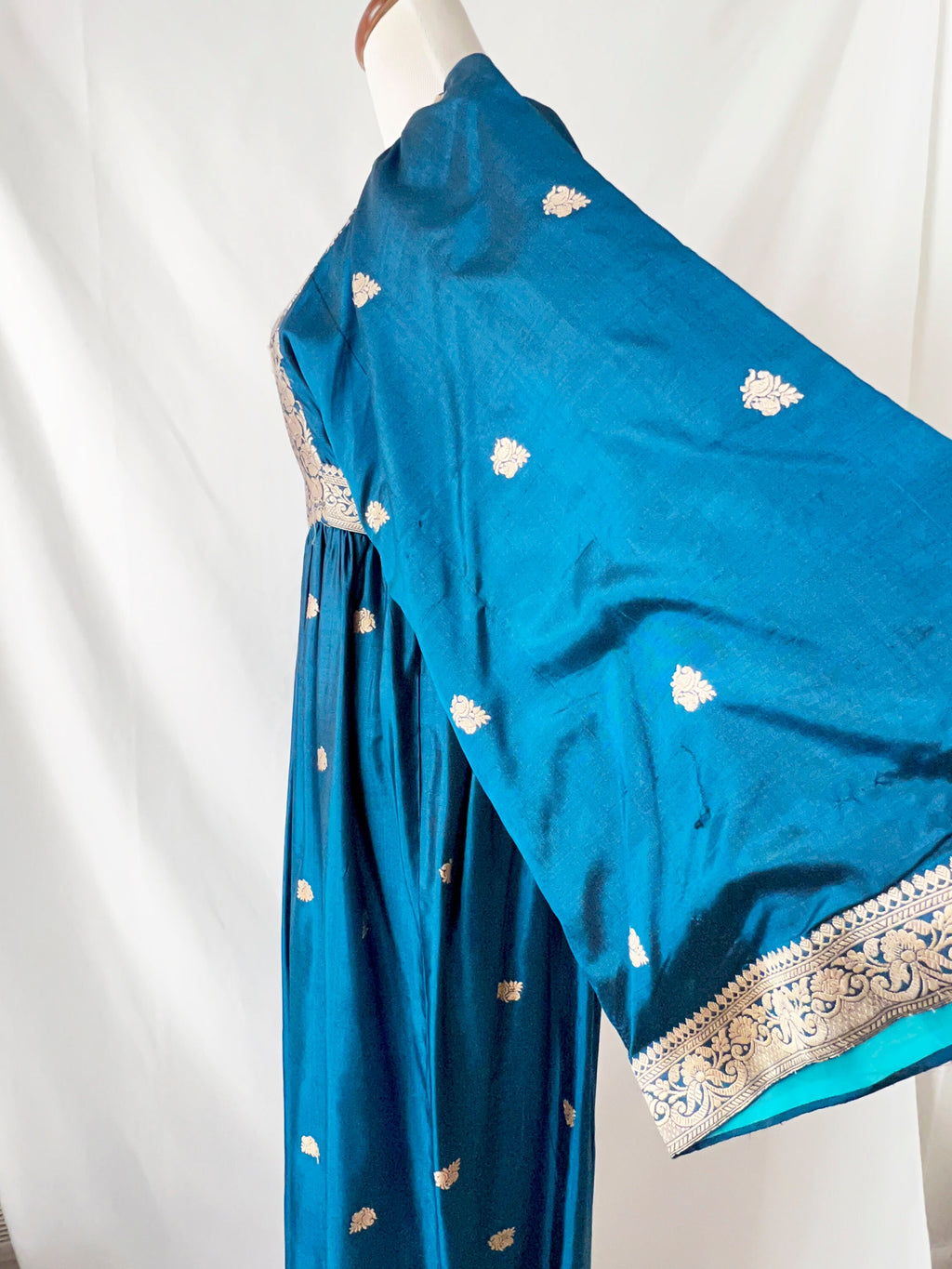 Vintage 70s Silk Gown: Turquoise Blue Embroidered Bell Sleeve Dress