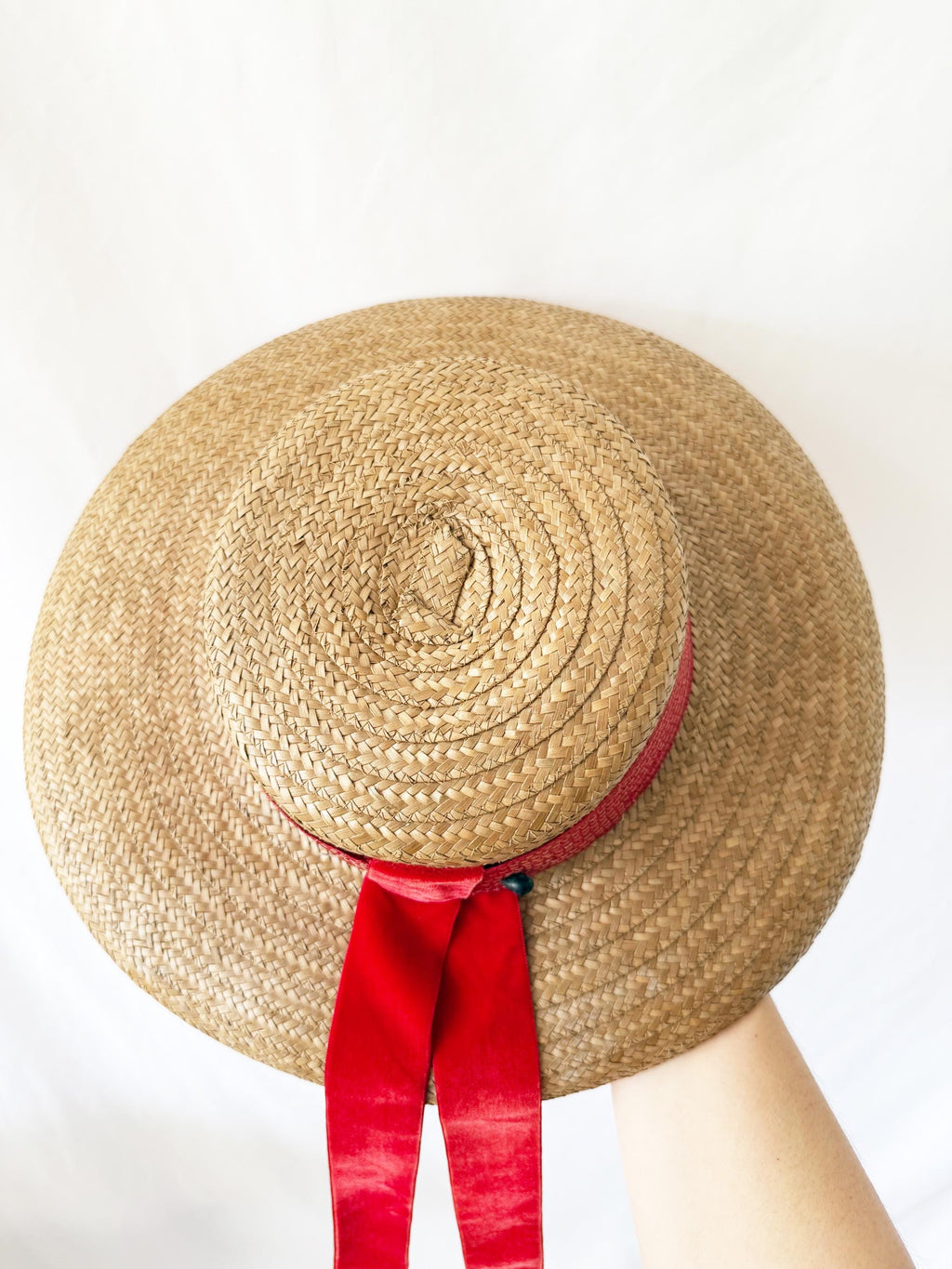 Vintage John Frederics Straw Boater Hat: Wide Brim, Red Velvet Ribbon