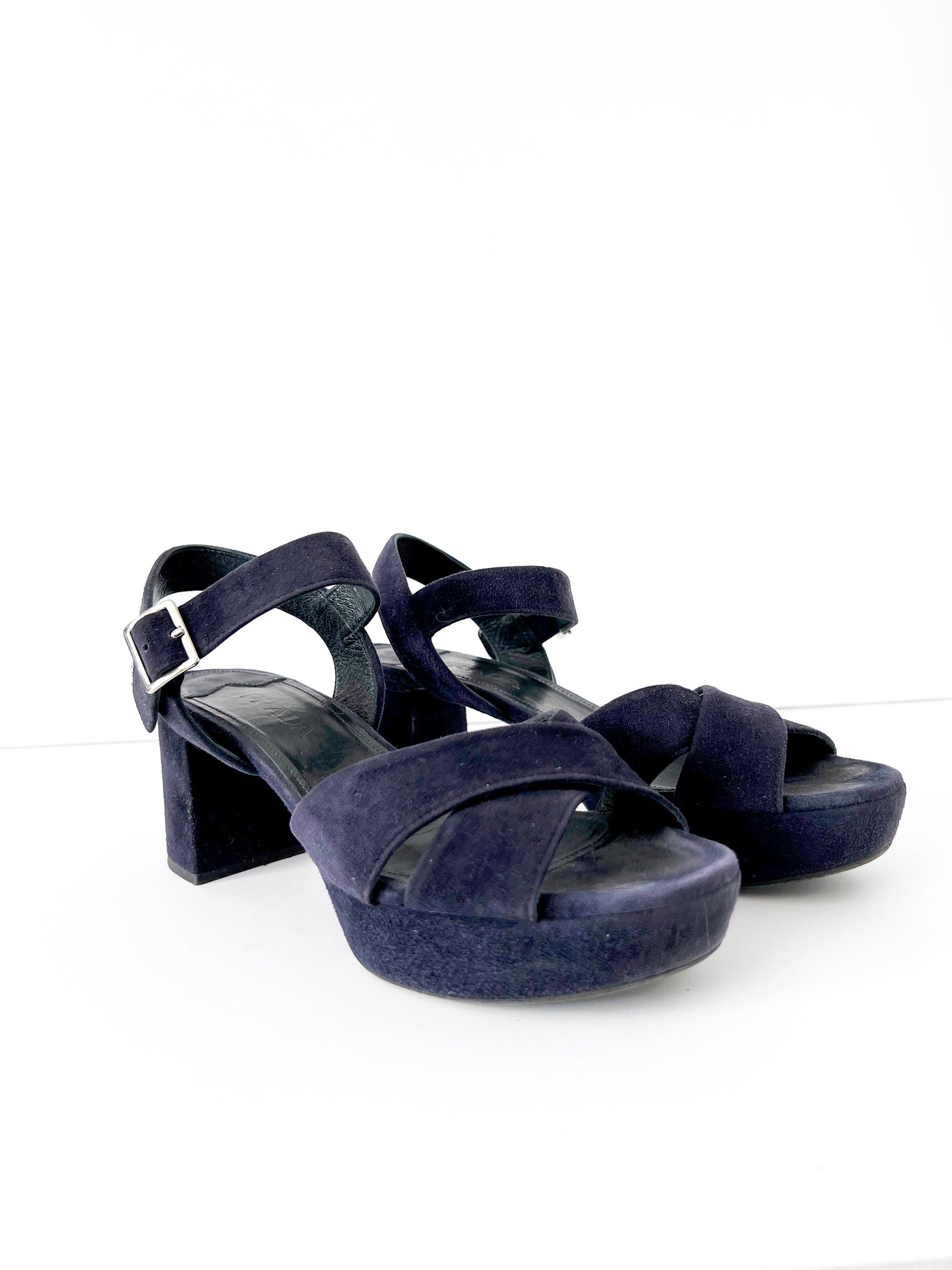 prada blue suede platform sandals 37.5  /  7.5