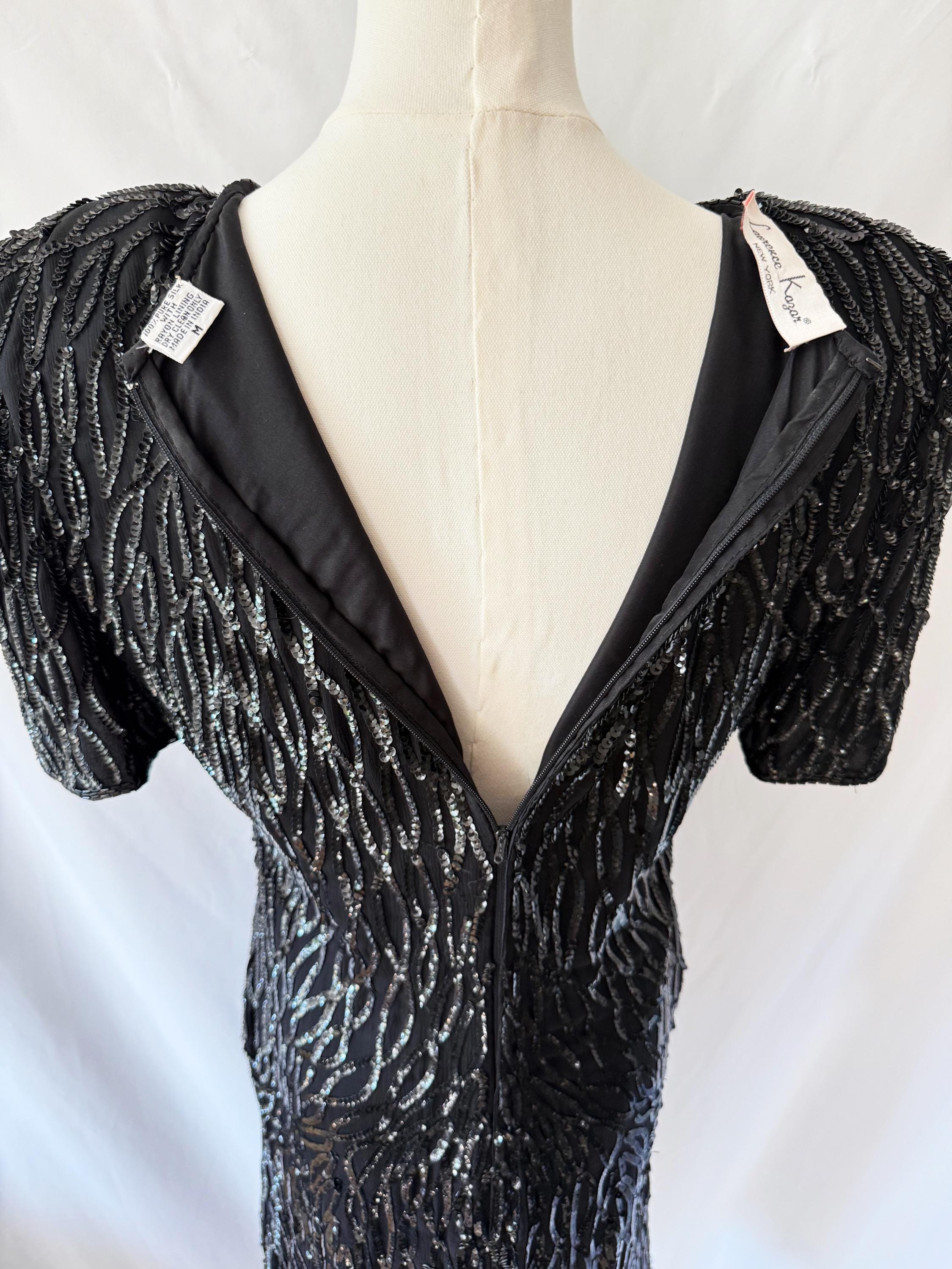 80s Beaded Silk Cocktail Dress: Laurence Kazar Black Sequin Flapper, Size Medium